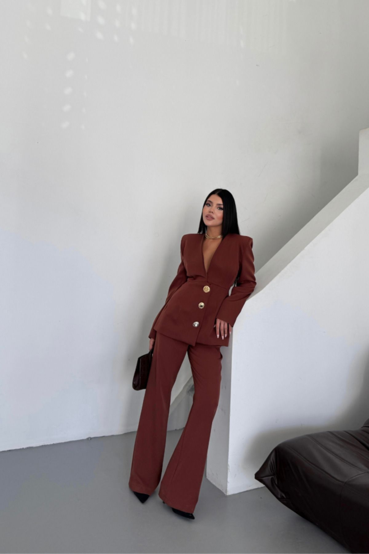 velmorafashion TASARIM CEKET-PANTOLON TAKIM METAL DÜĞME DETAYLI - Kahverengi