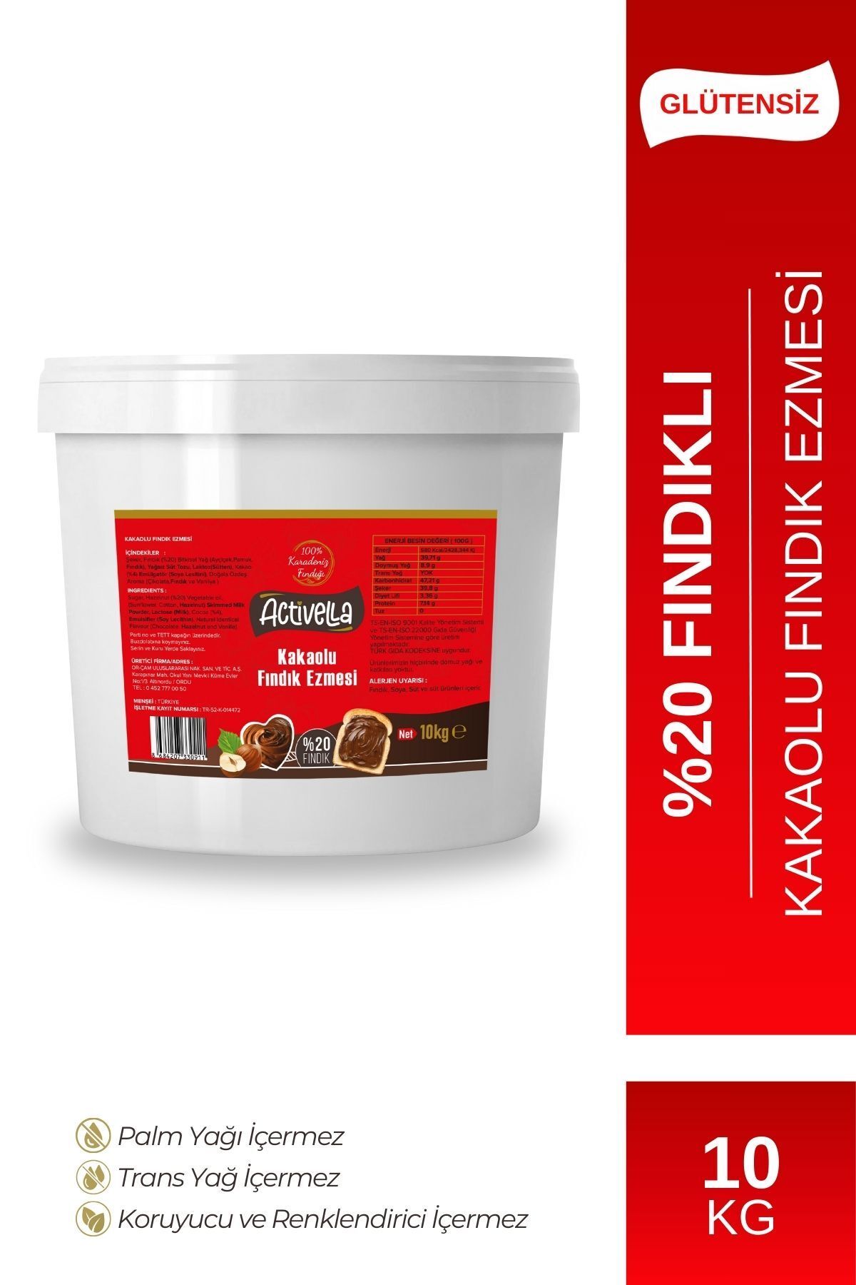 Activella Kakaolu Fındık Ezmesi 10kg %20 Fındıklı
