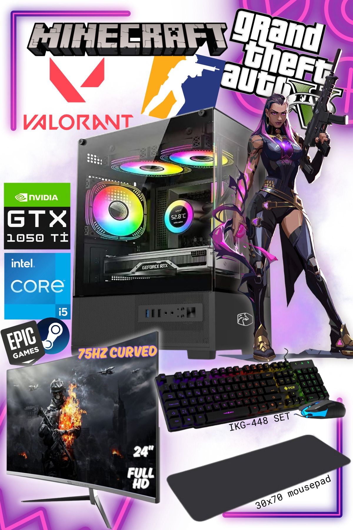 GAMİNGTECH INTEL İ5 6.NESİL - GTX 1050Tİ 4GB- 16GB RAM - 512GB SSD - 75HZ 24"Monitör ve klavye mouse set