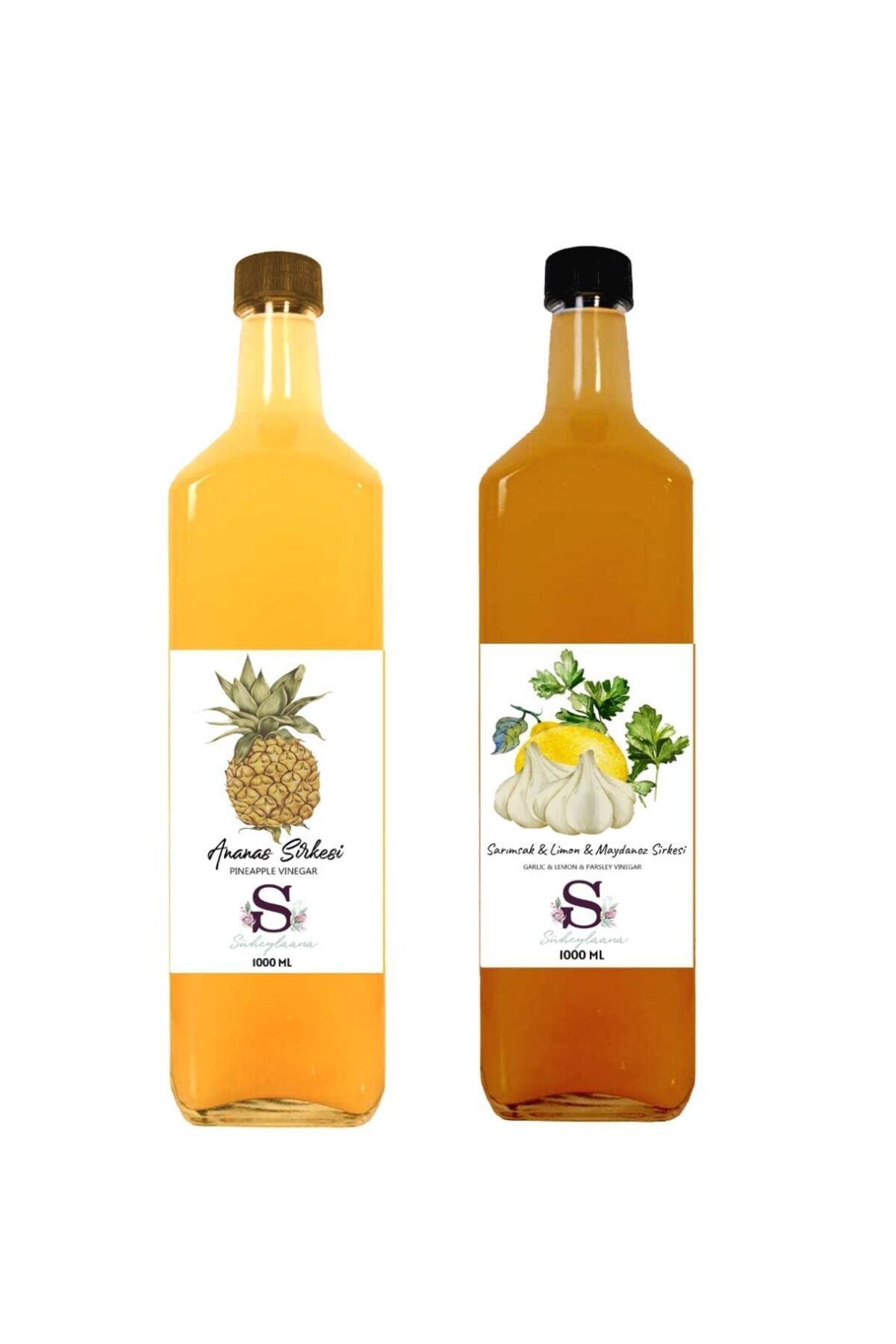 Doğal Ananas Sirkesi 1000 ml Ve Doğal Sarımsak & Limon & Maydanoz Sirkesi 1000 ml