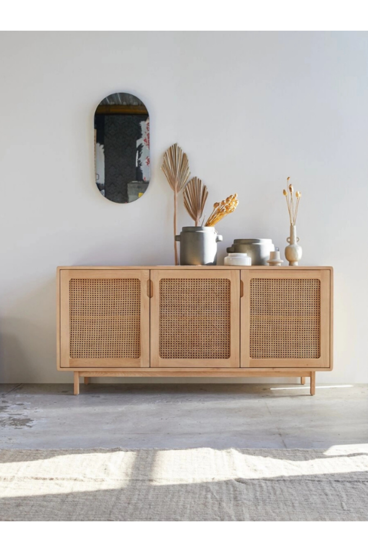 FIRU HOME Doğal Ton Masif Çam 3 Kapaklı Hasır Konsol 145x40x70 cm ...