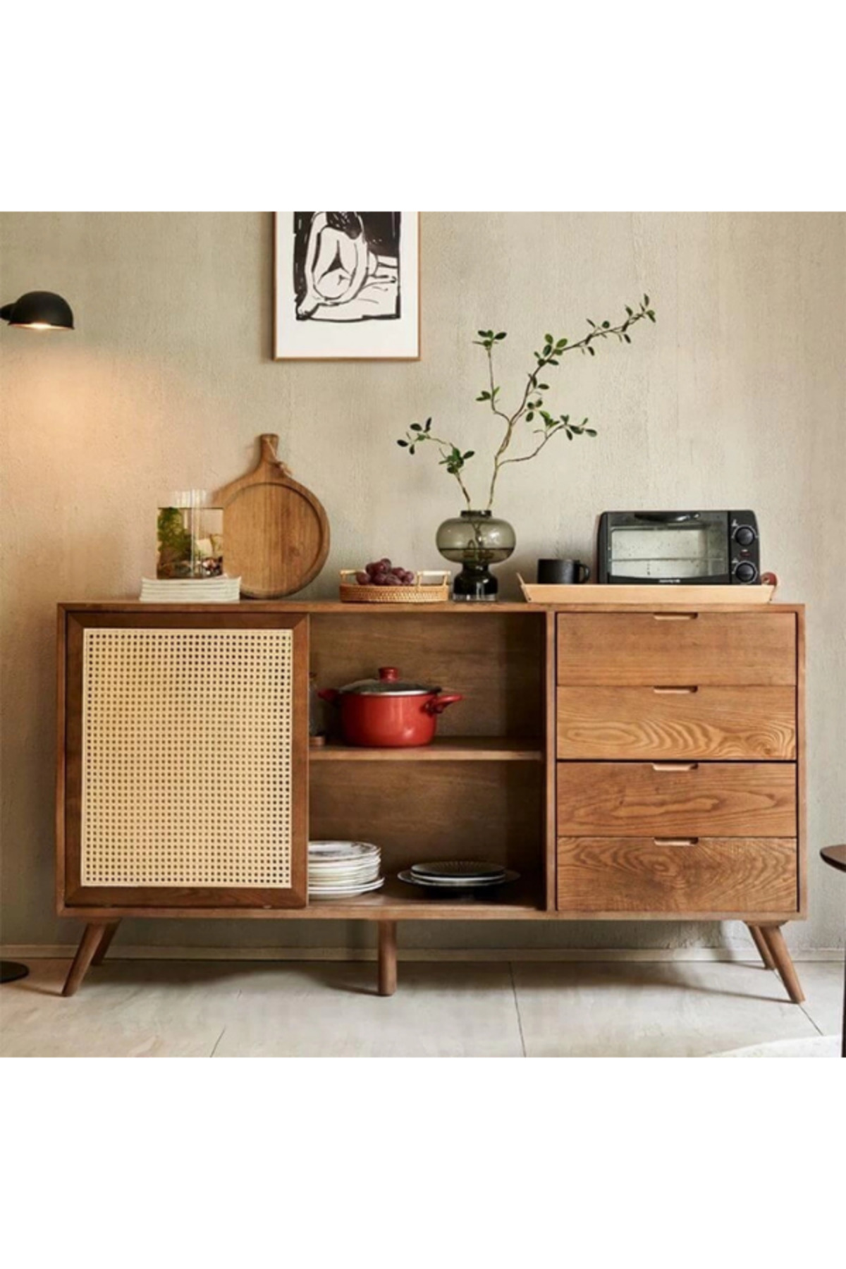 FIRU HOME Koyu Ceviz Ton Masif Çam Hasır Kapaklı 3 Çekmeceli Konsol ...