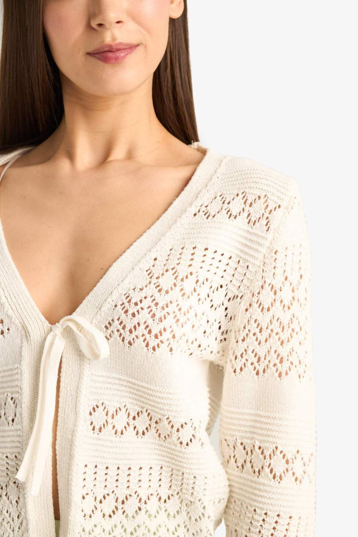 DeFacto-Cool V-Neck Lace-Up Crochet Knitwear Cardigan F1753Ax25Sm 5