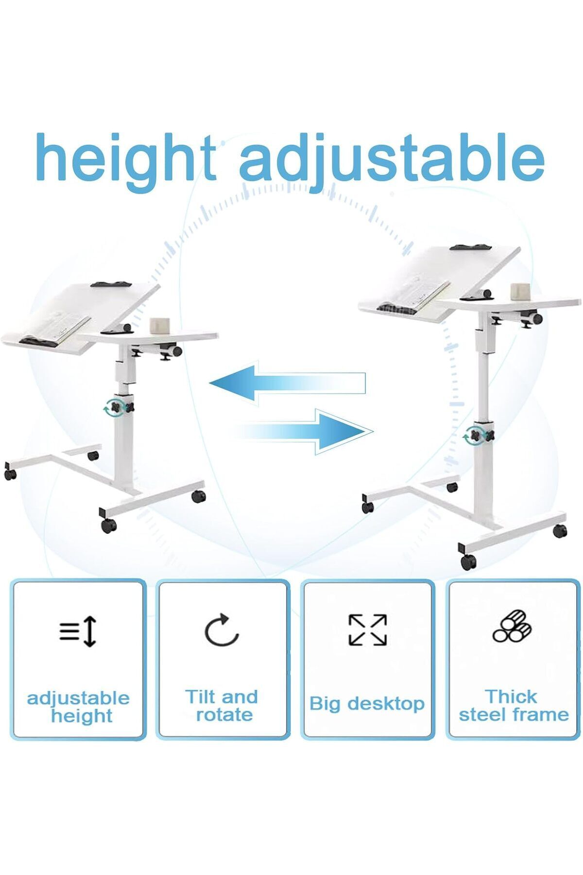 COOYA-Mobile Overbed Bedside Table,Adjustable Height,with 4 Wheels,Rotating Desktop,for Sofa Bed 3