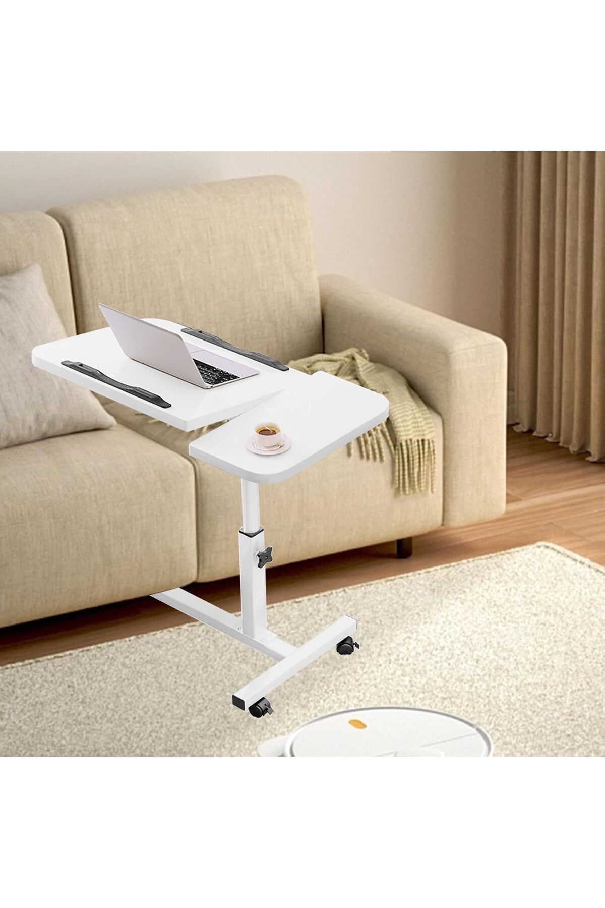 COOYA-Mobile Overbed Bedside Table,Adjustable Height,with 4 Wheels,Rotating Desktop,for Sofa Bed 6