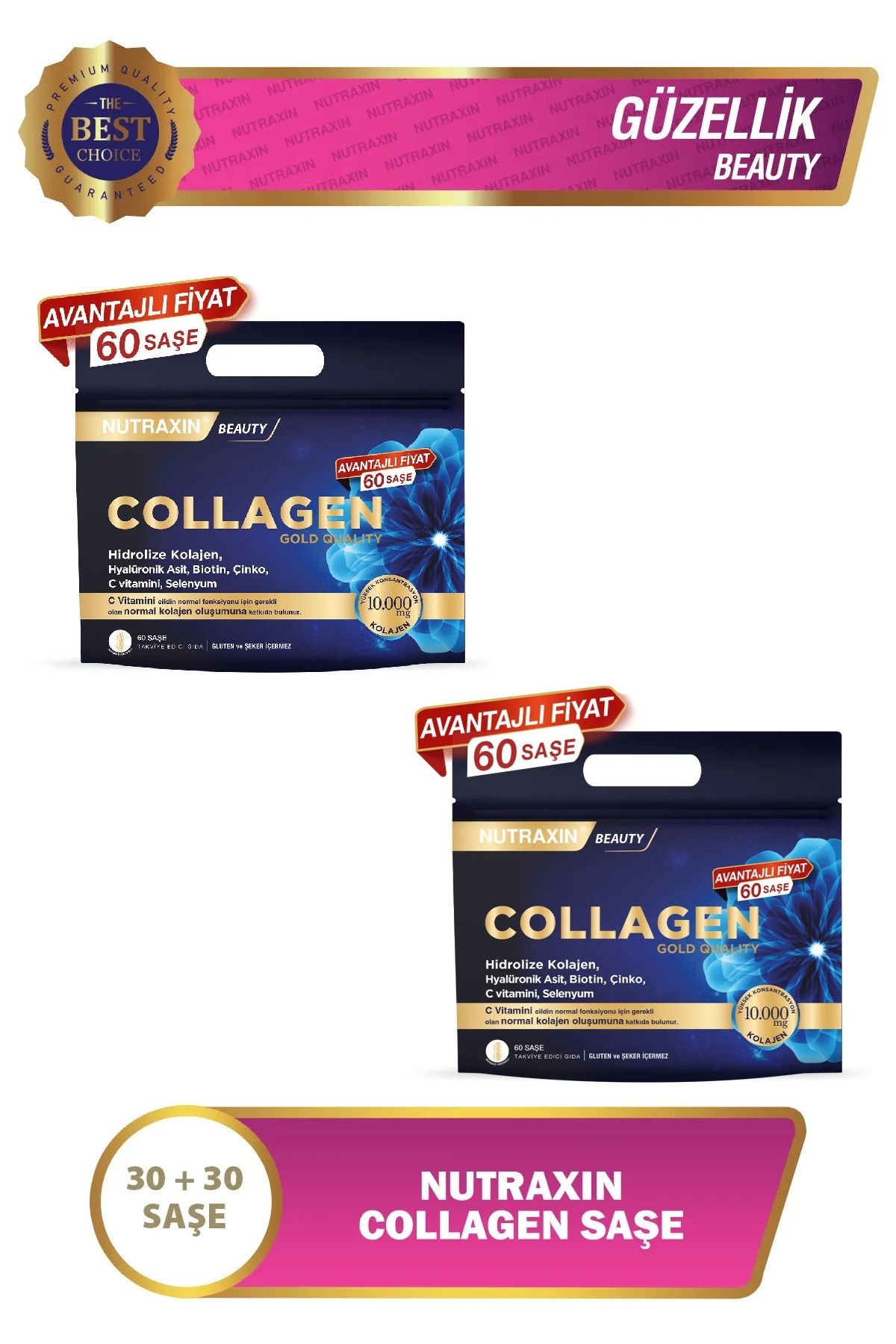 Nutraxin Collagen 60 Saşe 10.000 Mg Tip 1 Tip 3 Çanta Set x 2 adet