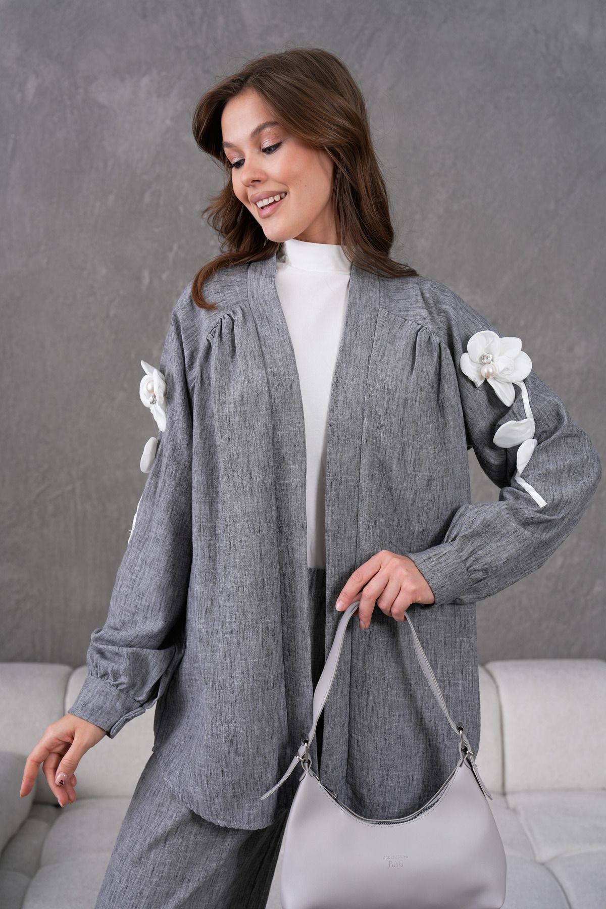 Miss Allos-Women's Back and Sleeves Embroidered Floral Accessories Linen Kimono Jacket and Pants Bottom Top Set 3