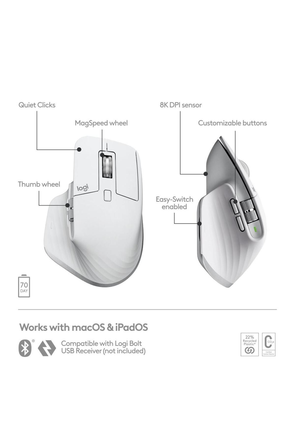 logitech-Mouse fără fir Logitech MX Master 3S pentru Mac, Bluetooth, 8000 dpi (Gri) 10
