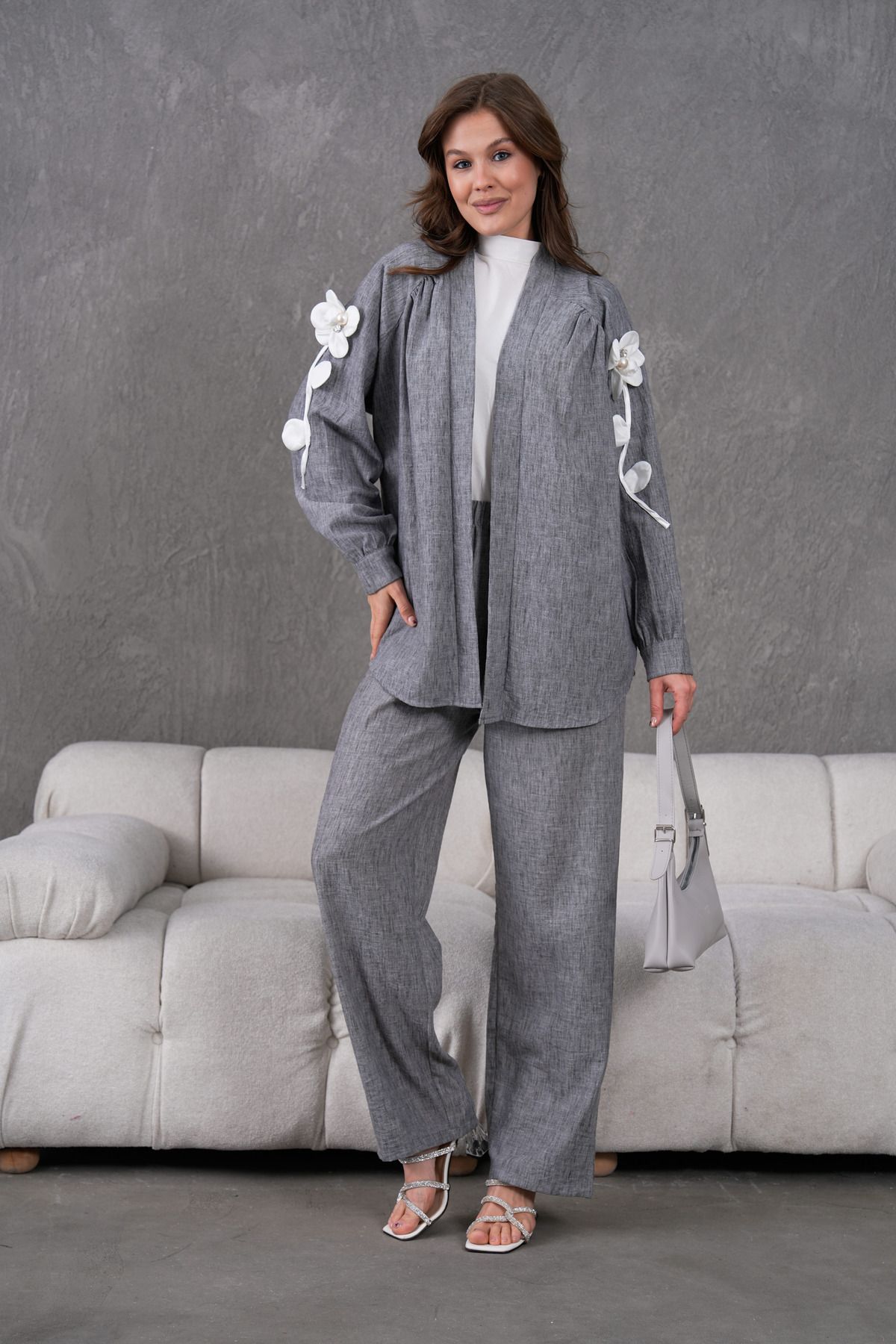 Miss Allos-Women's Back and Sleeves Embroidered Floral Accessories Linen Kimono Jacket and Pants Bottom Top Set 7