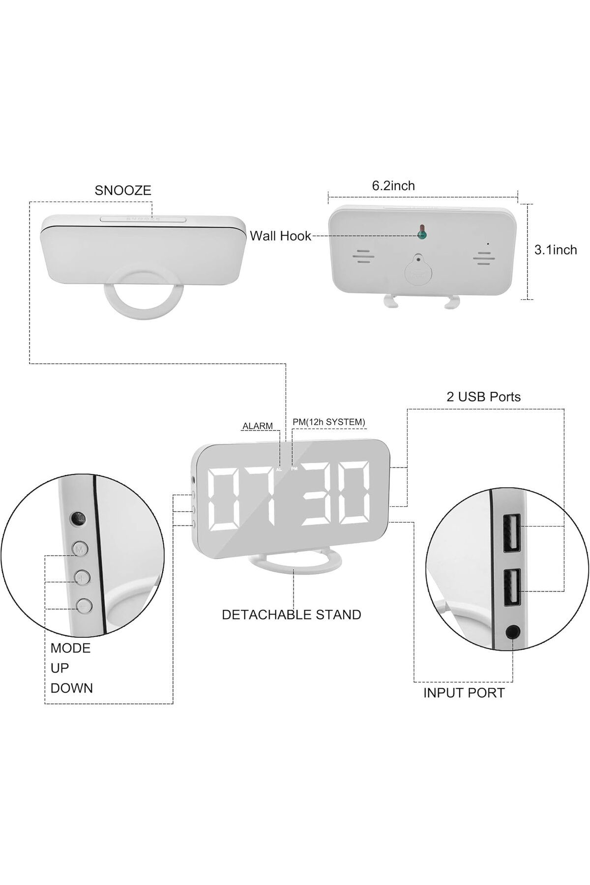 COOYA-Multifunctional mirror electronic alarm clock,LED digital display,three levels of brightness,white 4