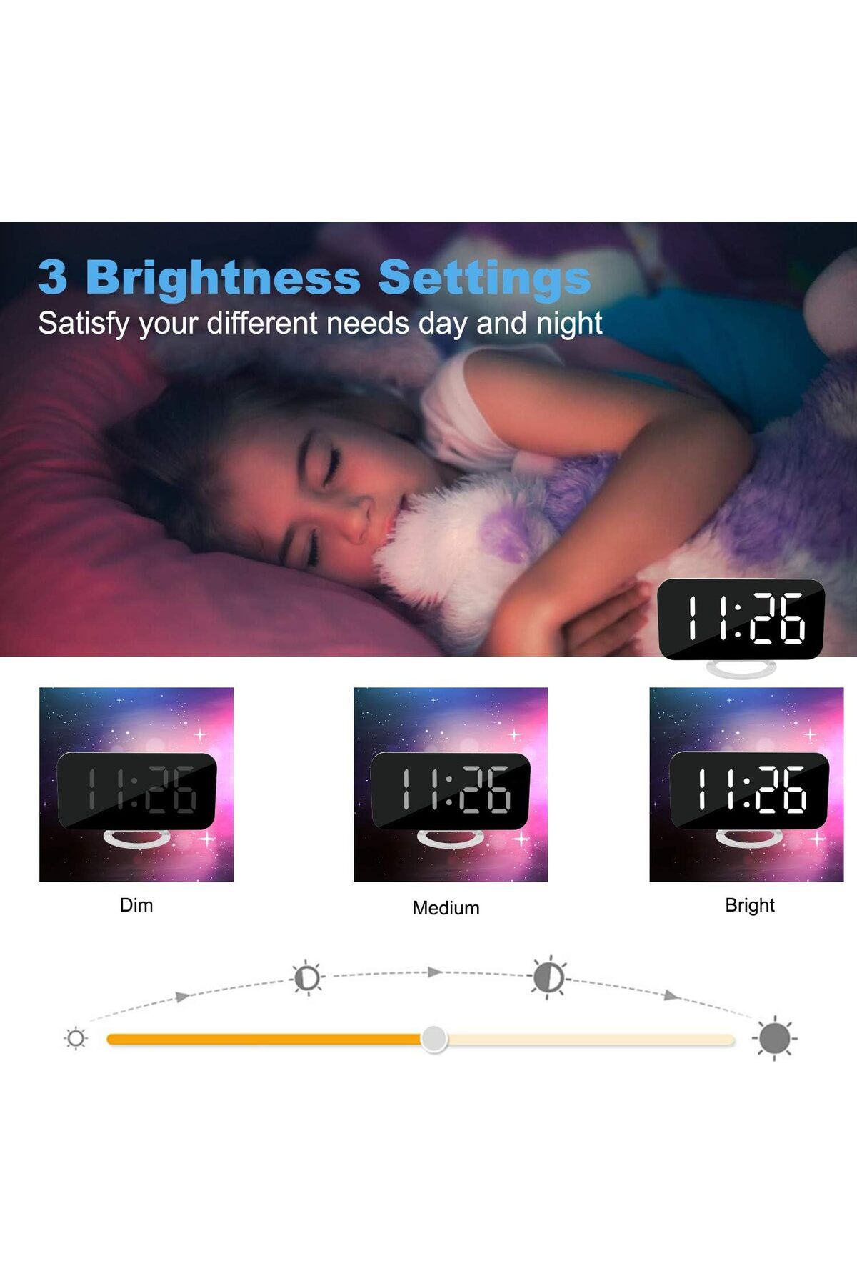 COOYA-Digital Clock, LED Large Display Mirror Surface with 3 Levels Brightness, Dual USB Ports, White 3