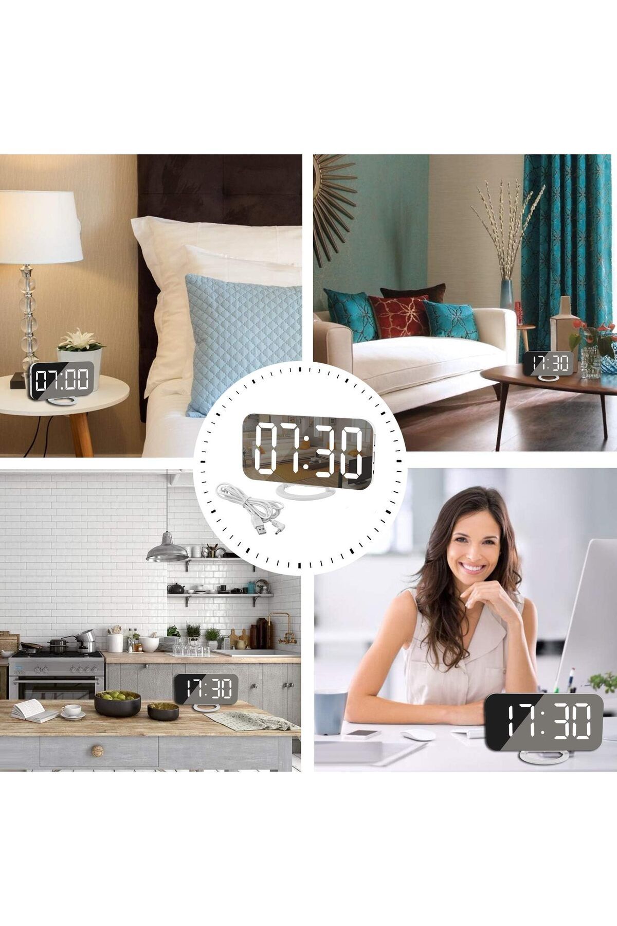 COOYA-Multifunctional mirror electronic alarm clock,LED digital display,three levels of brightness,white 7
