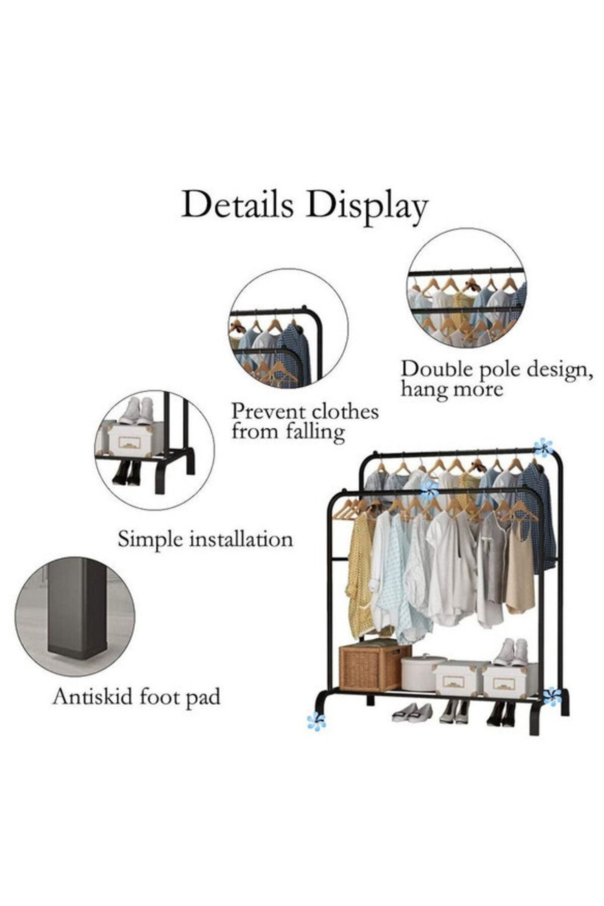COOYA-Black Double Rod Clothes Drying Rack,Indoor Garment Organizer with Shelves,High-Strength Metal Frame 2