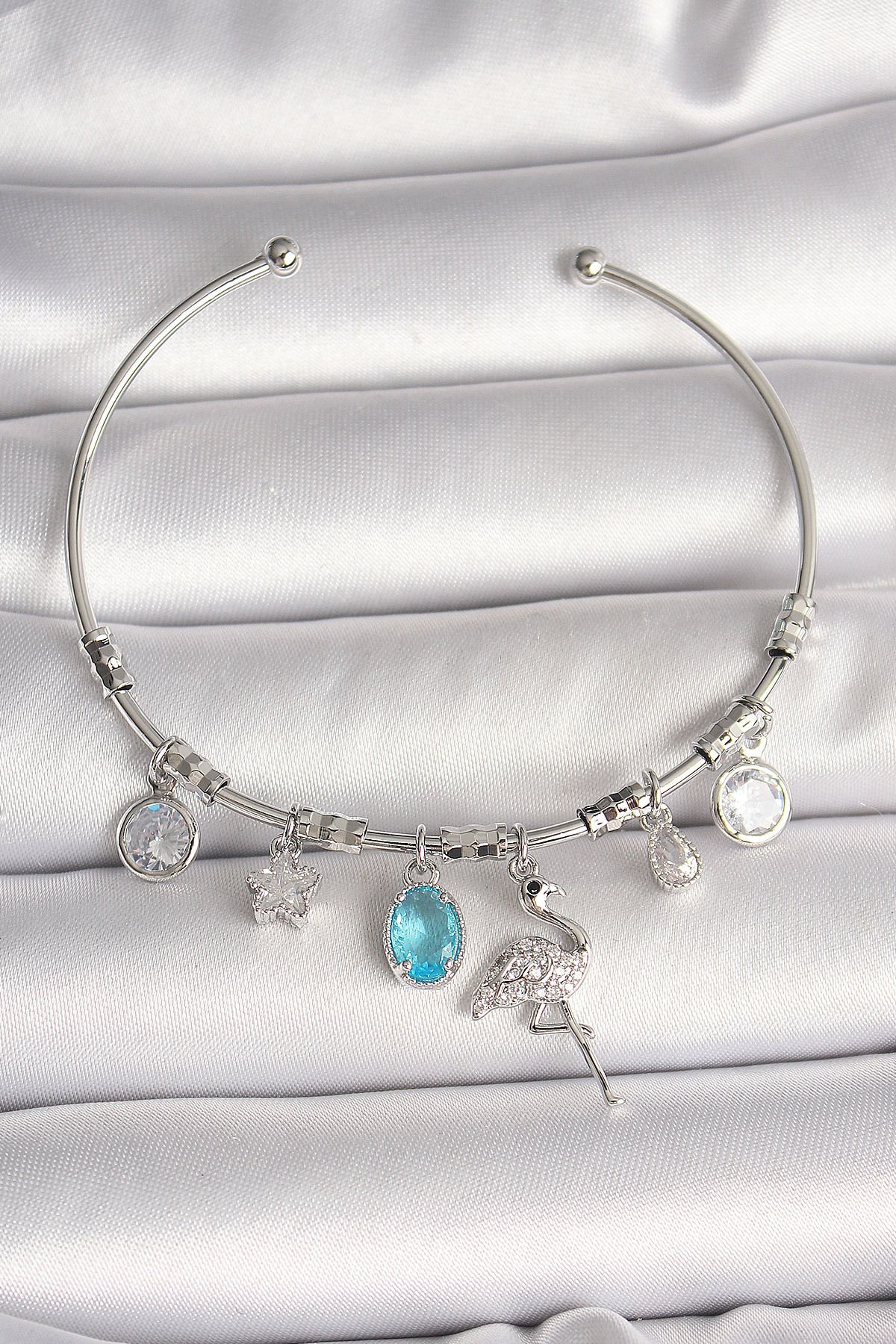 KfksStore Pirinç Gümüş Renk Sallantı Zirkon Taşlı Filaminga Figür Charm Kadın Bileklik