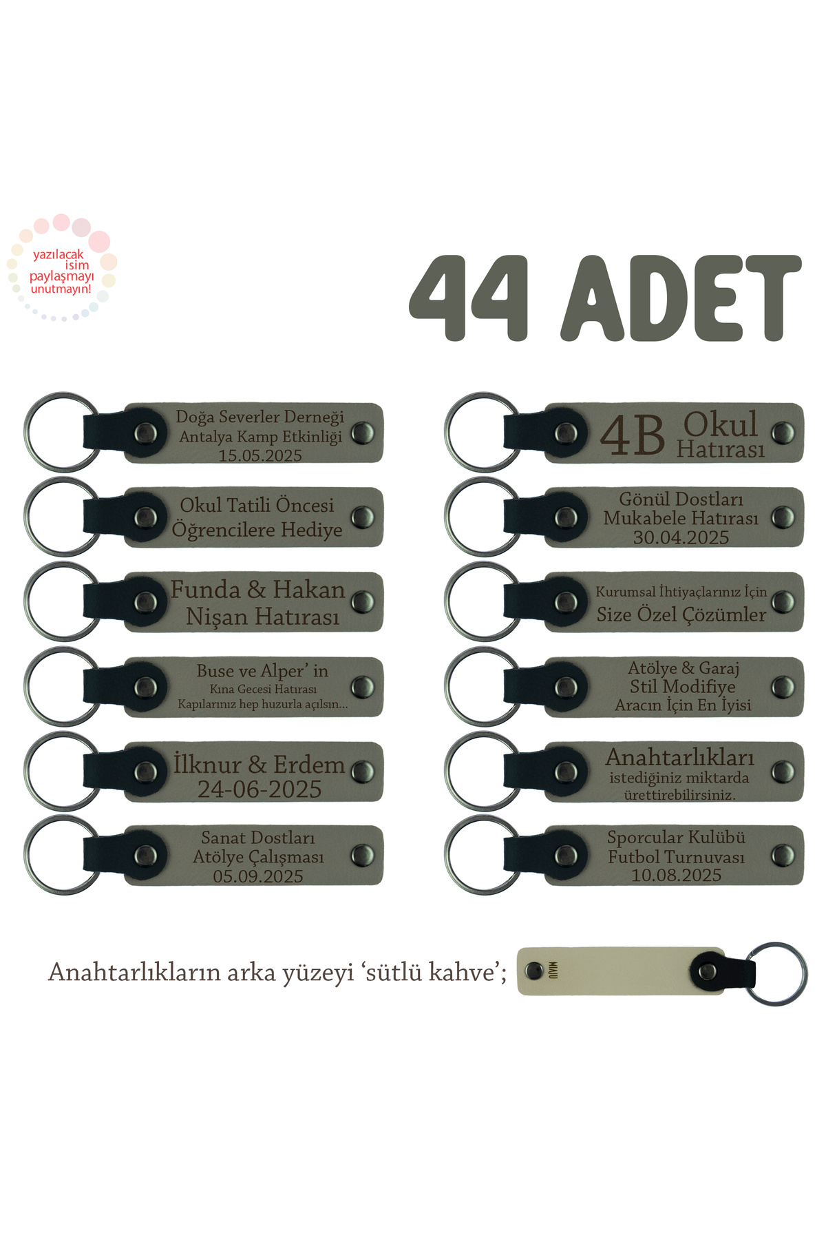 Miaju-Ash Gray & Milk Coffee - Set of 44 Keychains with Name and Message Writing 1