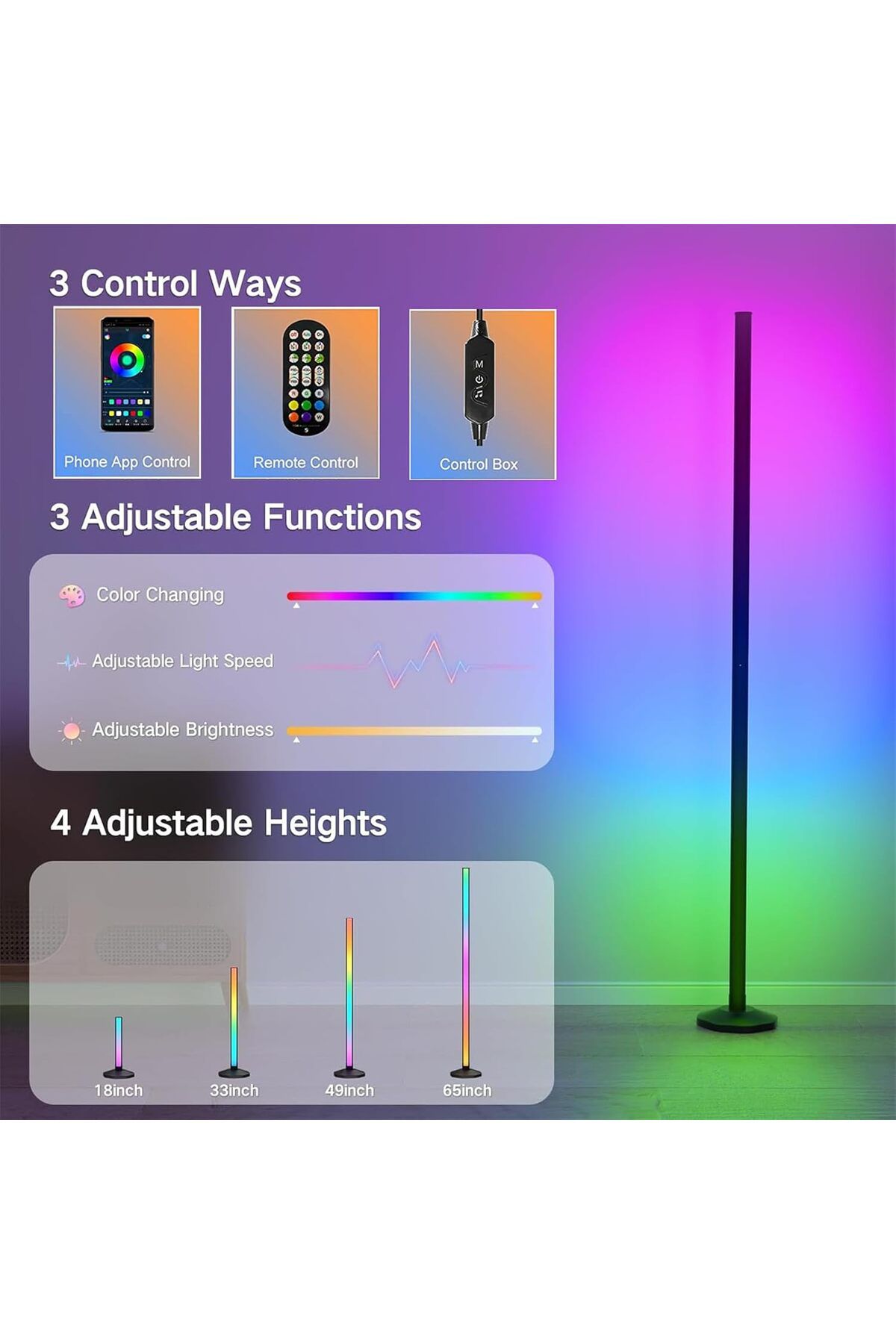 COOYA-RGB LED Floor Lamp With Base, With Remote Control, Dimmable DIY Modern Floor Lamp With Music Sync 4