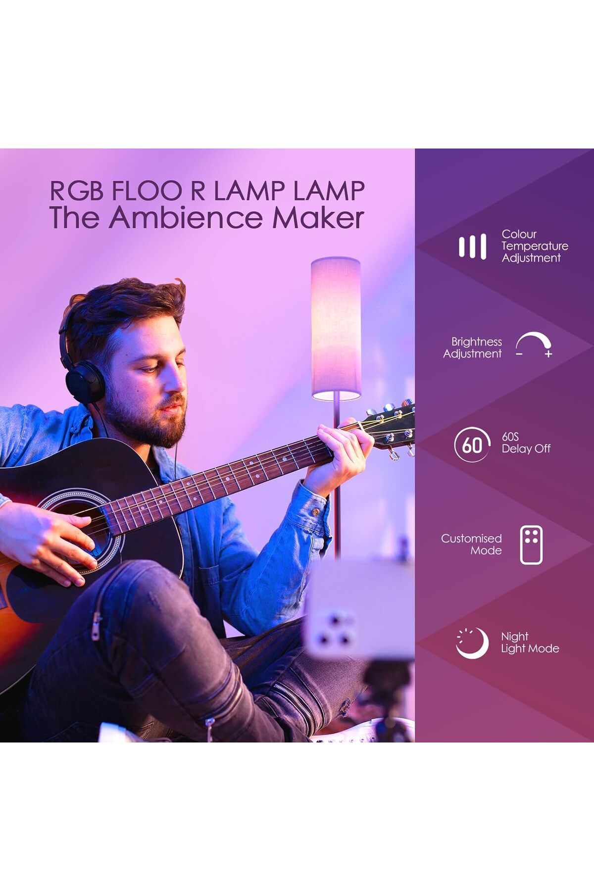 COOYA-RGB Smart LED Floor Lamp, With App & Remote Control, Dimmable Standing Lamp, Bulb Included, Beige 7