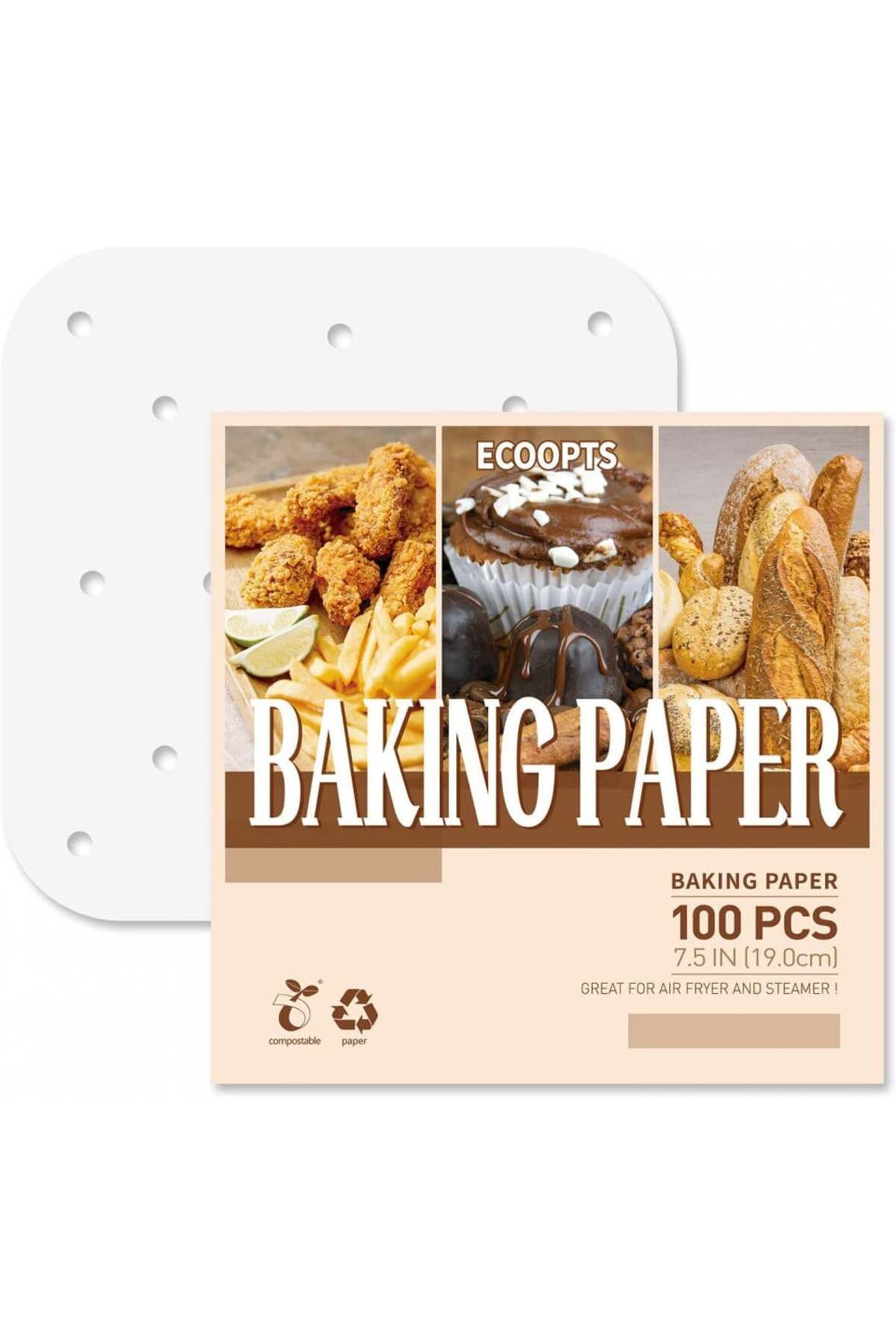 ECOOPTS Set De 100 De Hârtie De Copt Pentru Friteuză, Albă, 19 X 19 Cm - One Size
