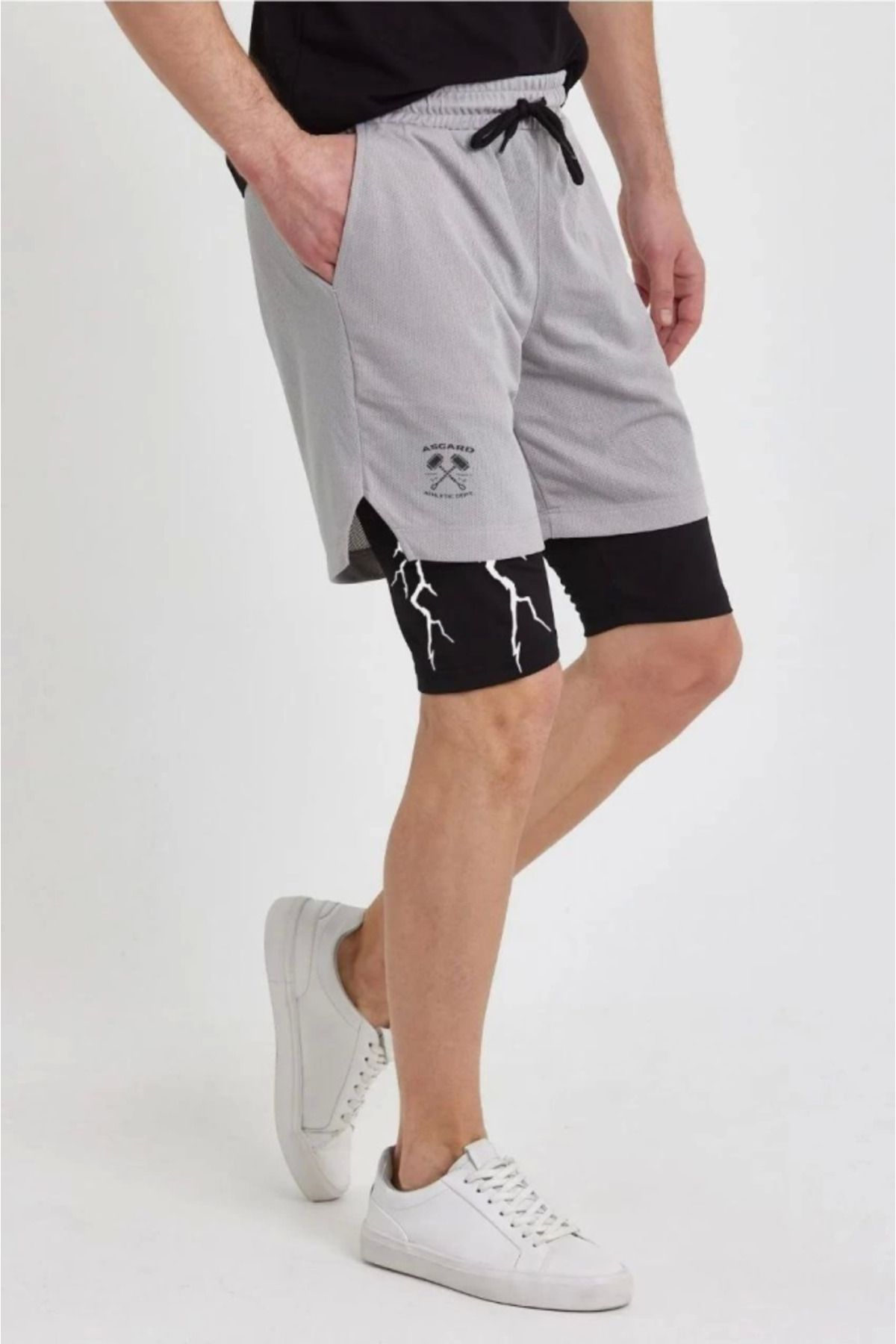MODA Unisex Baskılı İç Cepli Sporcu Alt Taytlı Şort - Gri
