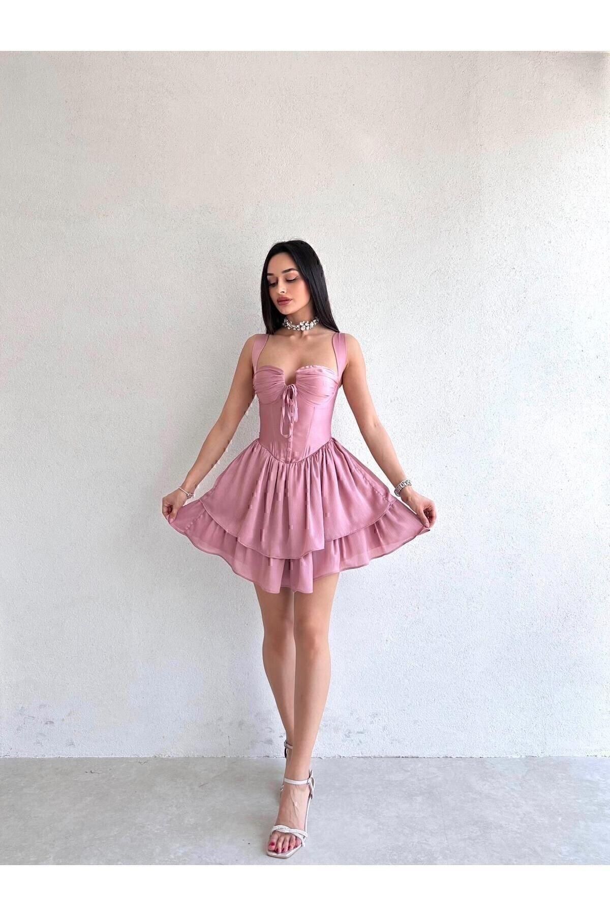 MİSSCİXFASHİON-Chest Detailed Thick Strap Backless Powder Mini Dress - Evening Dress & Graduation Dress 3
