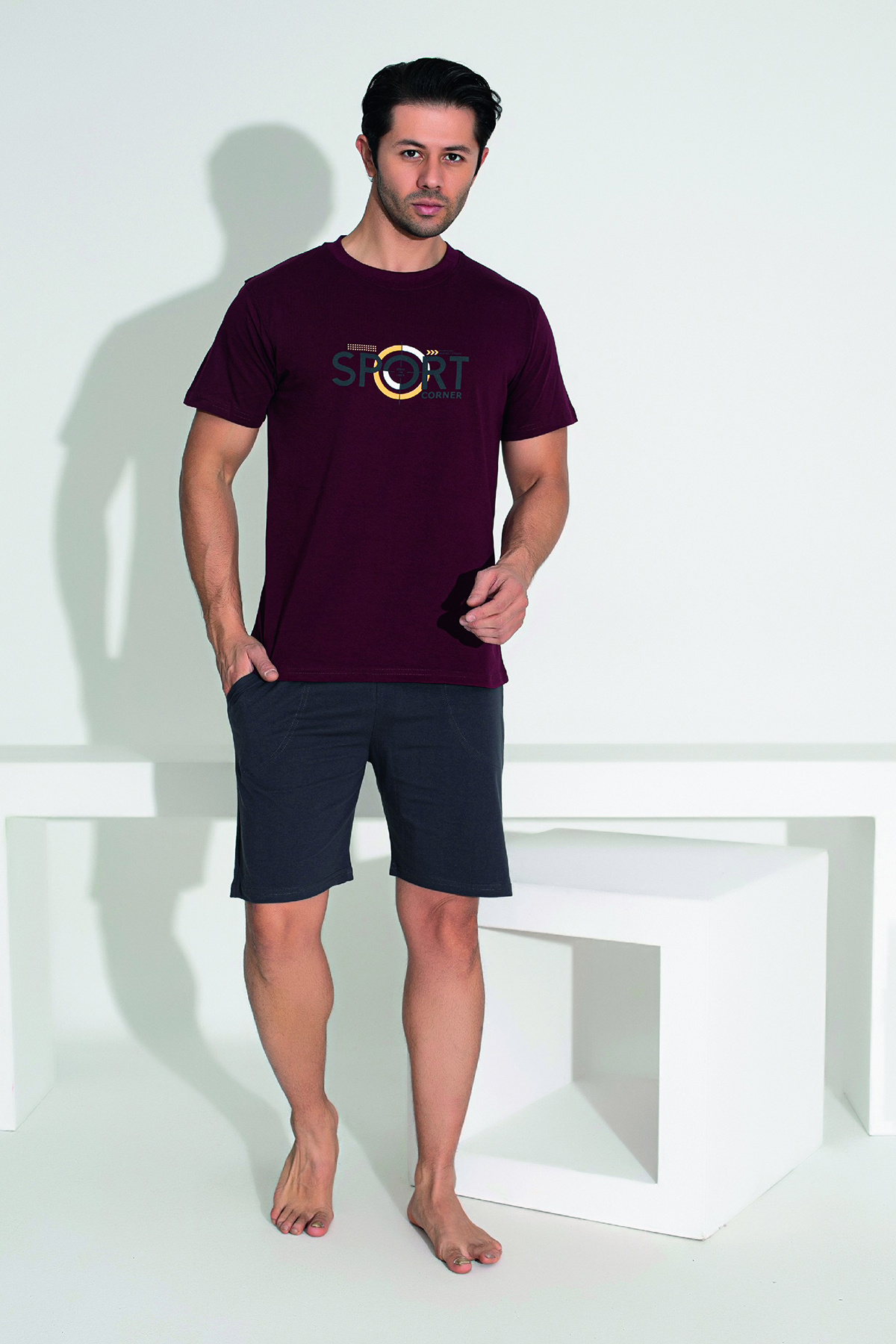 REMSA-Men's Shorts Tshirt Pajama Set 25253 Burgundy 3