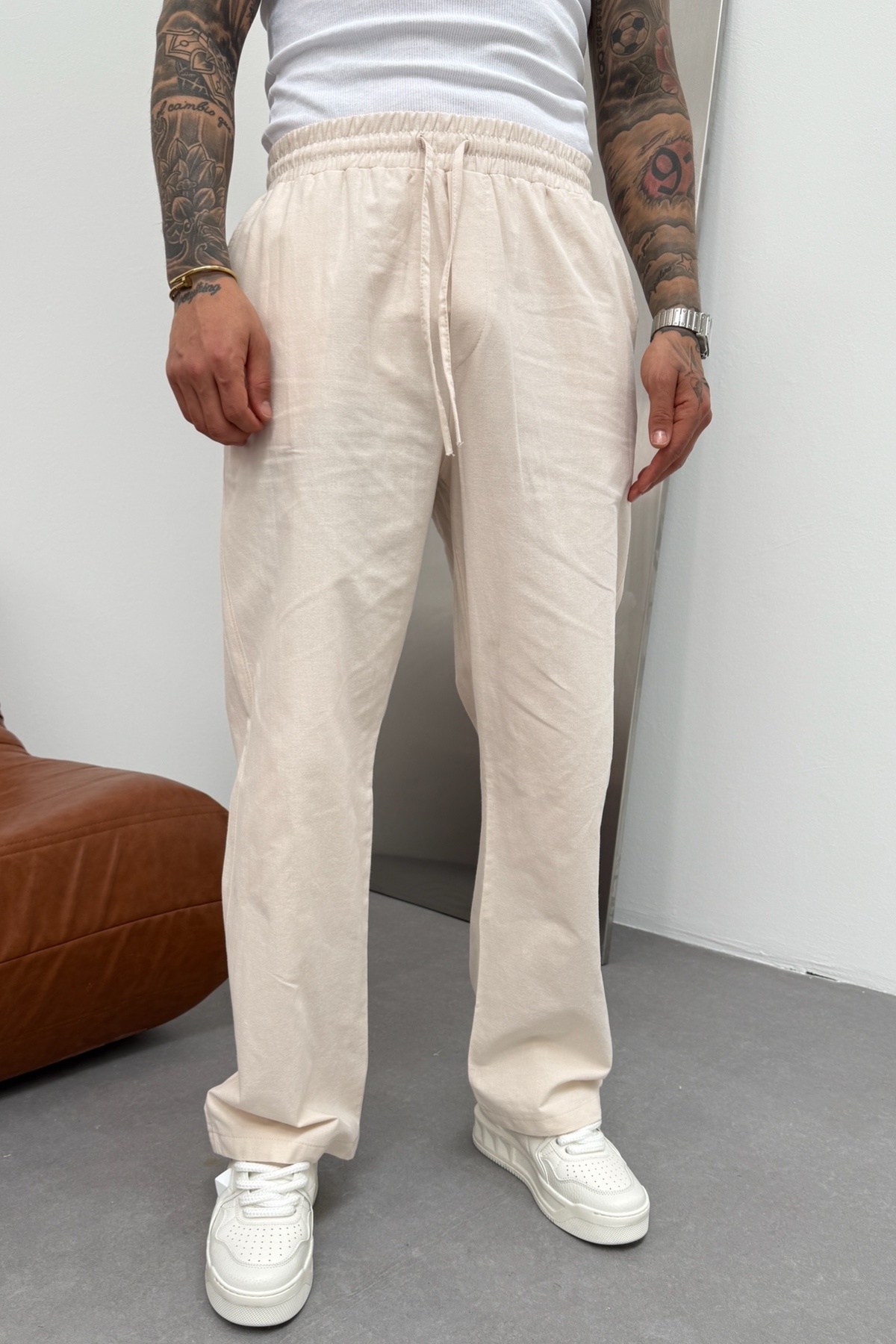 Erkek Baggy Bol Kalıp Lastikli Bel Bej Jogger Pantolon KE-7011