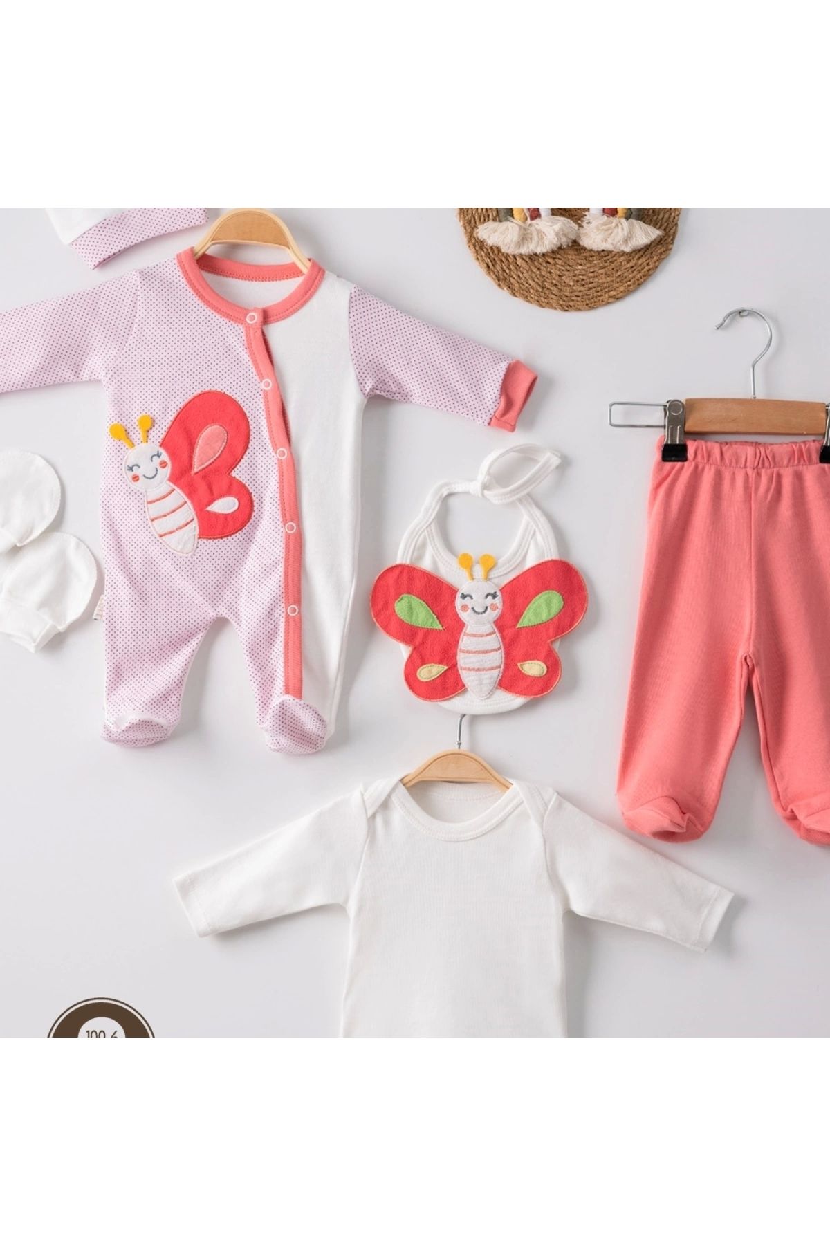 BYB MODA TASARIM 3 Ay Kelebek Puanlı Tulumlu Kız Bebek 5'li Set Nar Çiçeği