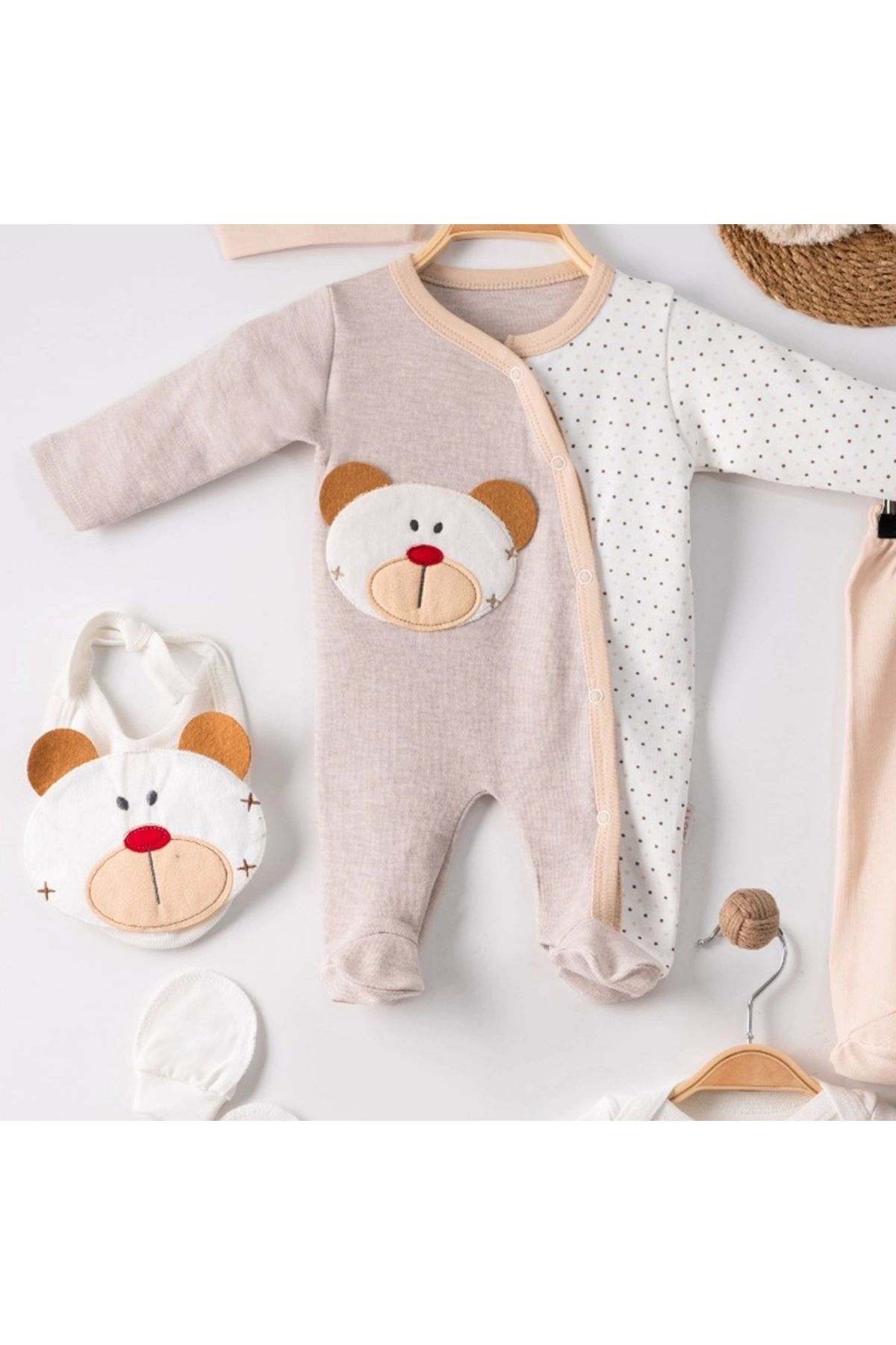 BYB MODA TASARIM 3 Ay Ayıcık Nakışlı Tulumlu Erkek Bebek 5'li Set Kahverengi
