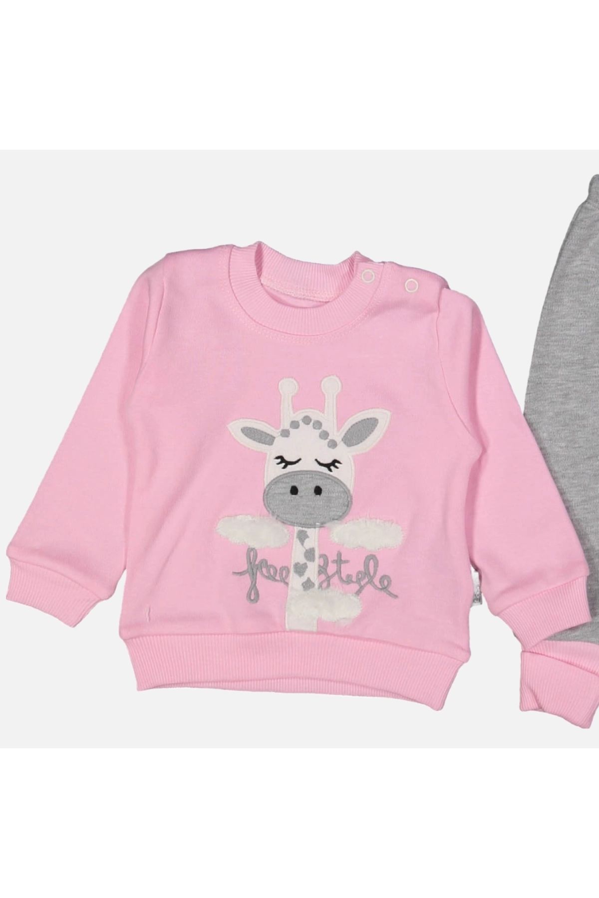 BYB MODA TASARIM 3-9 Ay Kız Bebek Alt&Üst Takımı Zürafa Nakışlı Pembe