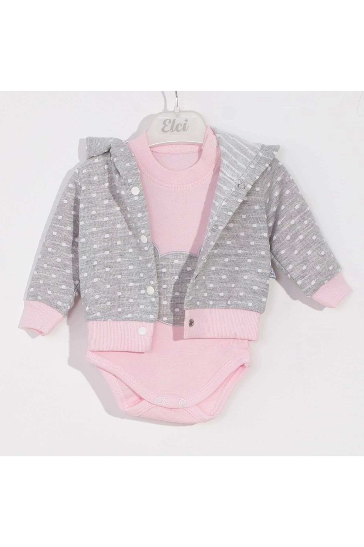BYB MODA TASARIM 3-6 Ay Kız Bebek Takımı Bear Nakışlı Puanlı 2'li Pembe
