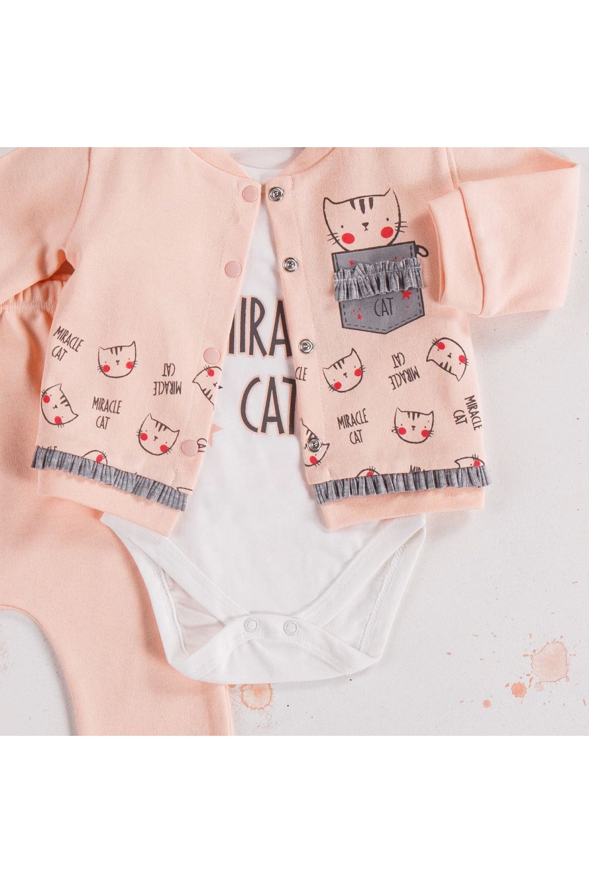 BYB MODA TASARIM 3-9 Ay Kız Bebek Alt&Üst Takımı Kedi 3'lü Hırkalı Somon