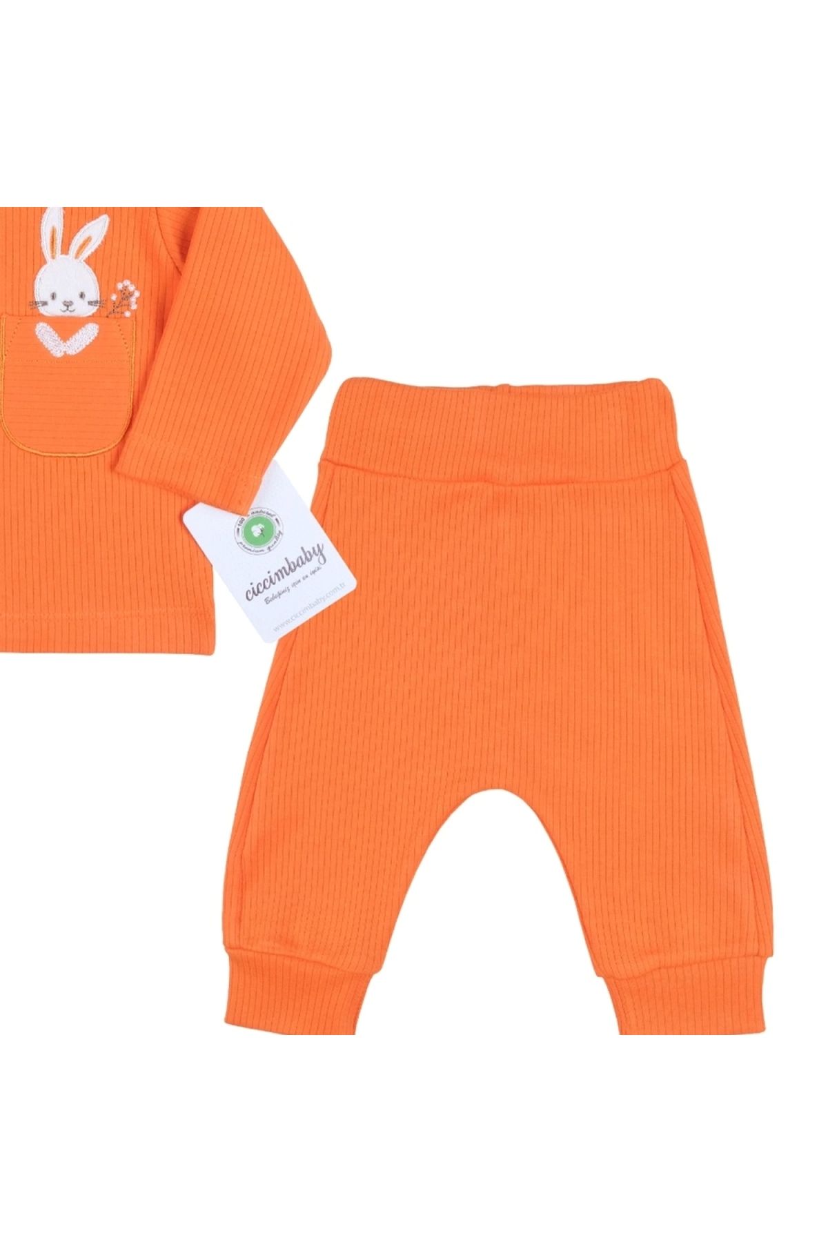 BYB MODA TASARIM 3-12 Ay Kız Bebek Takımı Cepli Tavlan Nakışlı 2'li Turuncu