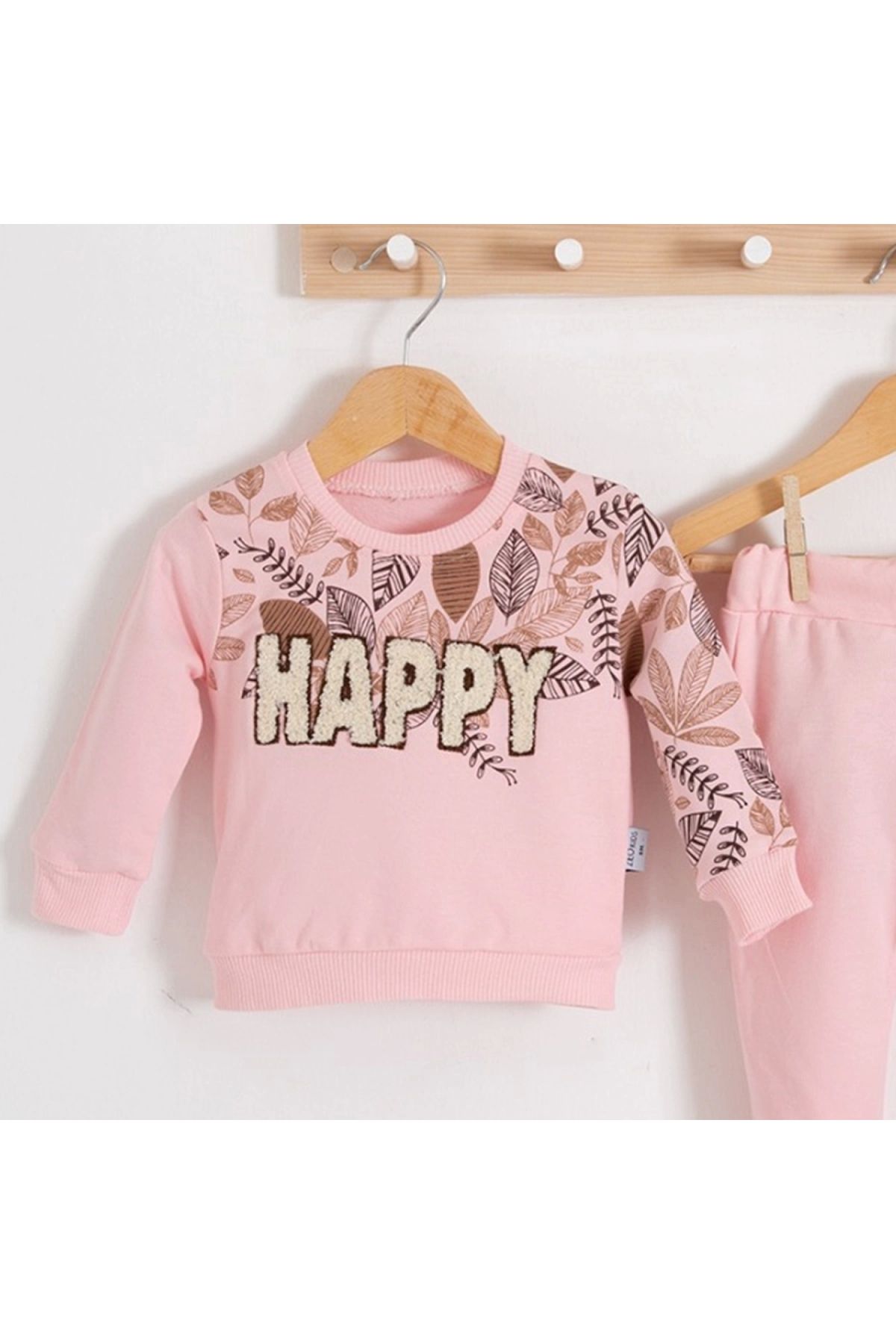 BYB MODA TASARIM 3-18 Ay Kız Bebek Takımı Happy Yaprak 2'li Pembe