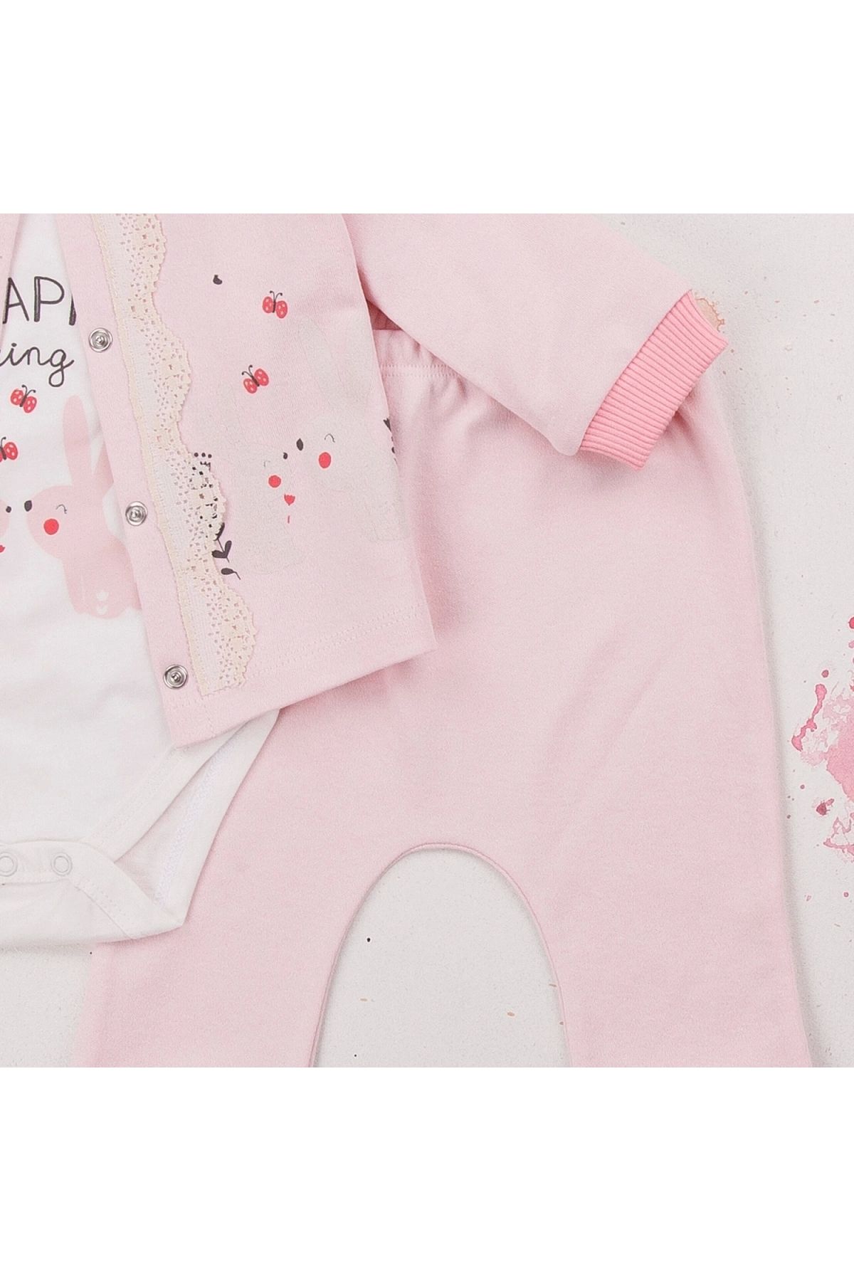 BYB MODA TASARIM 3-9 Ay Kız Bebek Takımı Happy Dancing 3'lü Hırkalı Pembe
