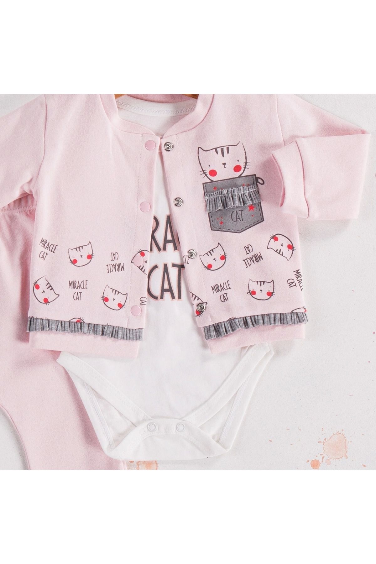 BYB MODA TASARIM 3-9 Ay Kız Bebek Takımı Kedi 3'lü Hırkalı Açık Pembe