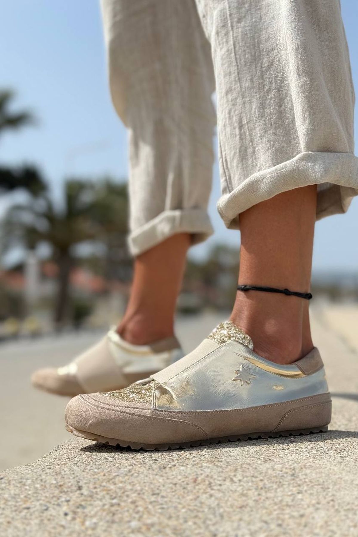Güneşkızı-Guki35 Women's Gold Daily Comfortable Vegan Shine Sneaker 4