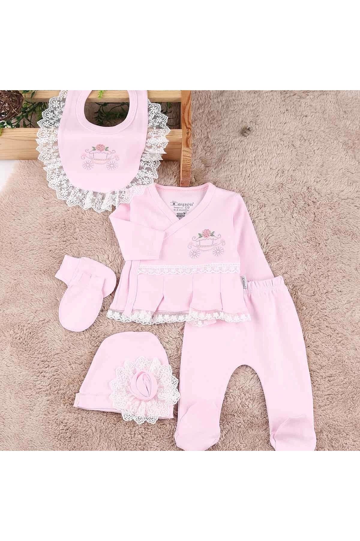 BYB MODA TASARIM Çiçekli Araba Nakışlı Dantelli 5'li Kız Bebek Hastane Çıkışı 0-3 Ay Pembe