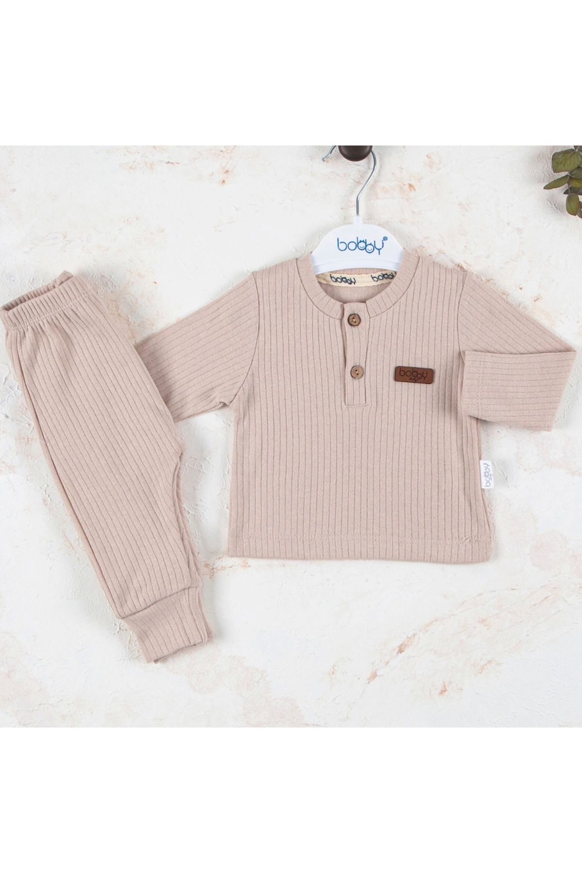BYB MODA TASARIM 3-18 Ay Çizgili Kumaş 2'li Unisex Takımı Krem