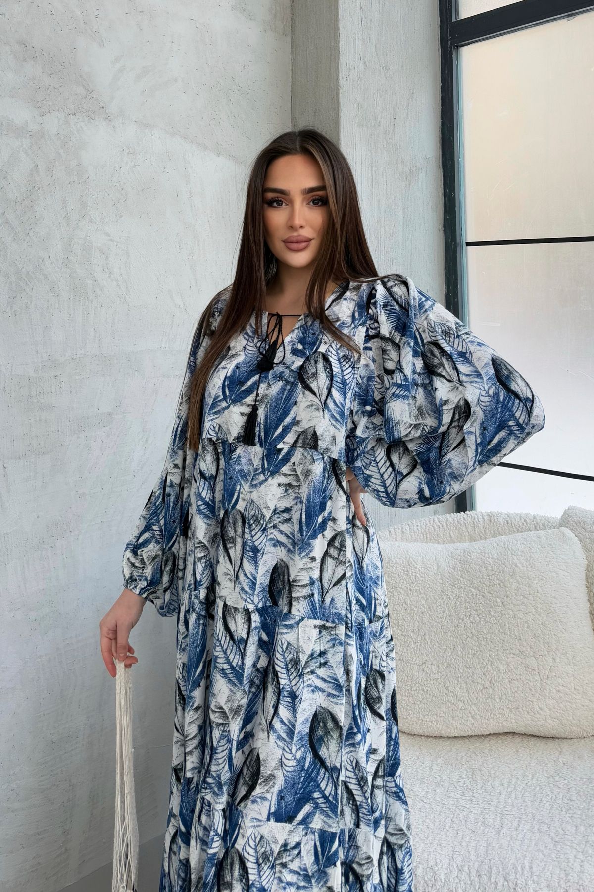 ZİYNETMODA %100 Viskon Bohem Alaçatı Elbise Düğmeli Viskon Elbise Tesettüre Uygun Elbise
