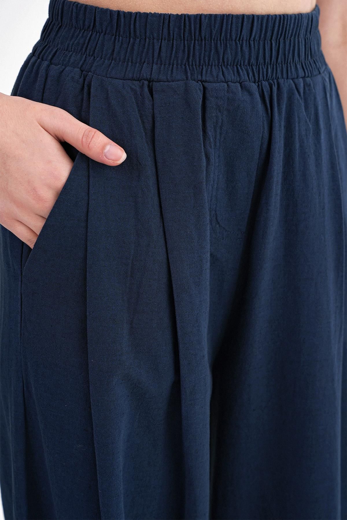 Mixray-4682 Women's Elastic Waist Jogger Linen Trousers Navy Blue 7