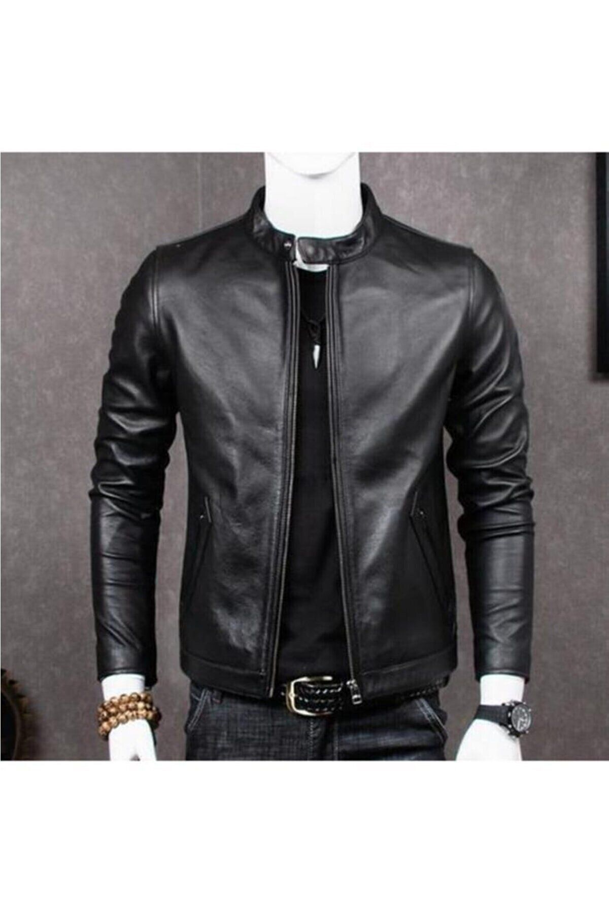 DeriWork-Genuine Lambskin Black English Collar Sports Men's Leather Jacket 1