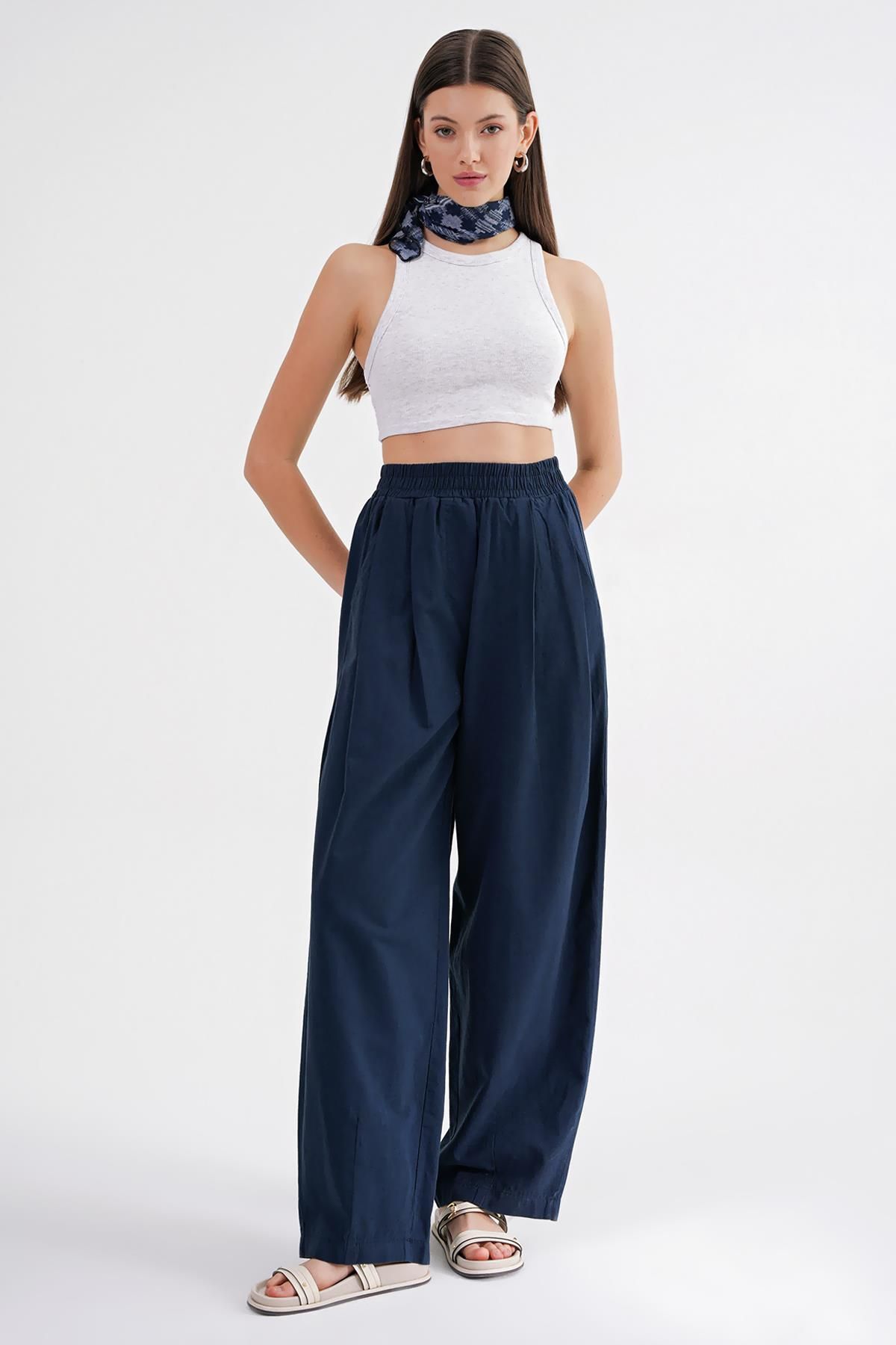 Mixray-4682 Women's Elastic Waist Jogger Linen Trousers Navy Blue 2