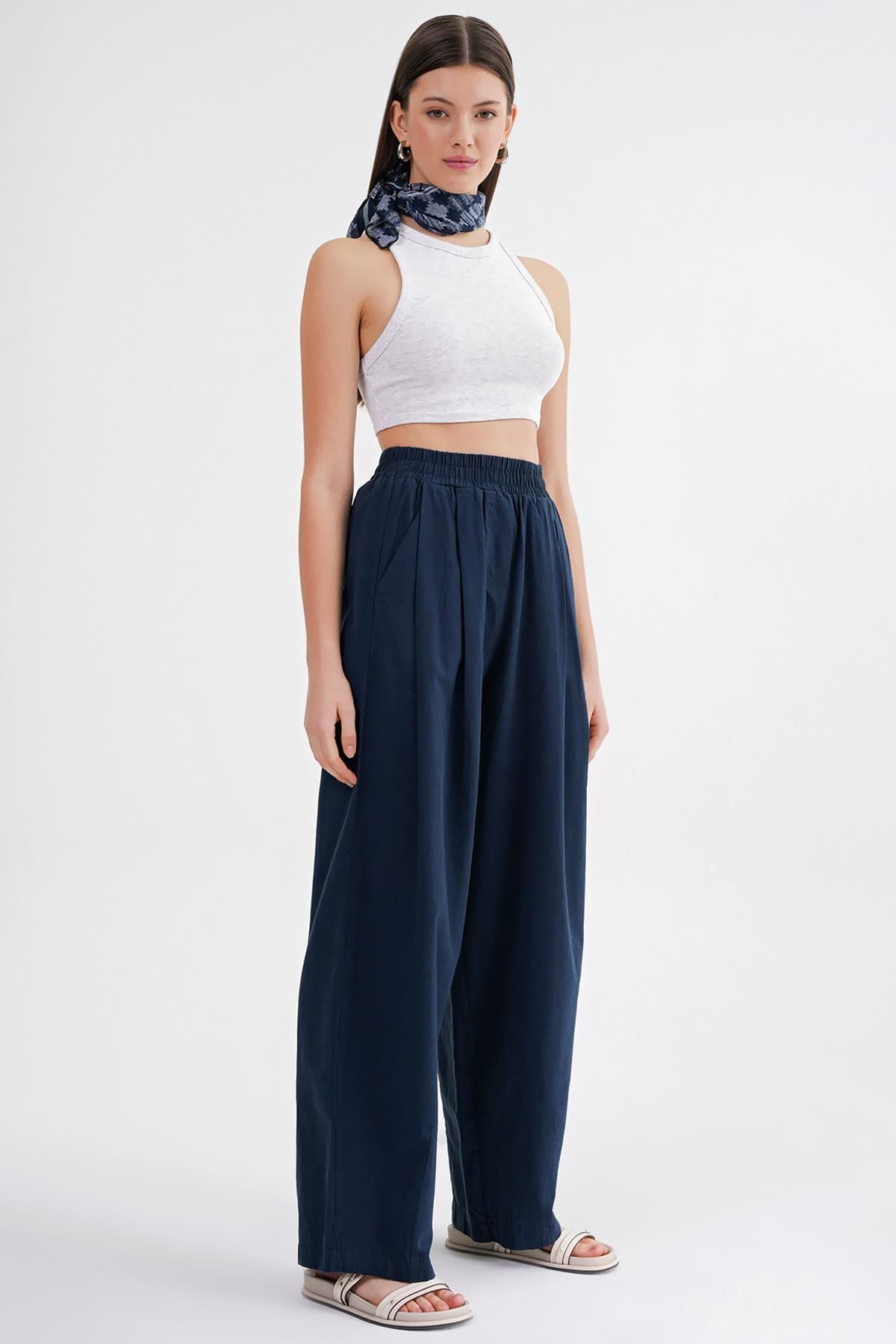 Mixray-4682 Women's Elastic Waist Jogger Linen Trousers Navy Blue 4