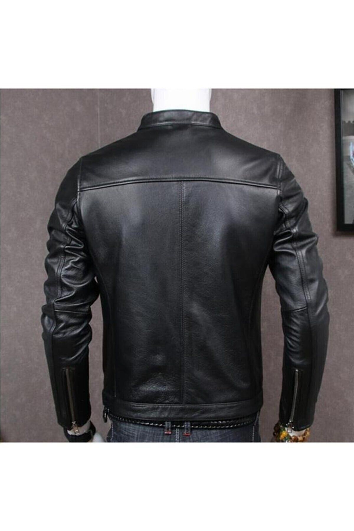 DeriWork-Genuine Lambskin Black English Collar Sports Men's Leather Jacket 4