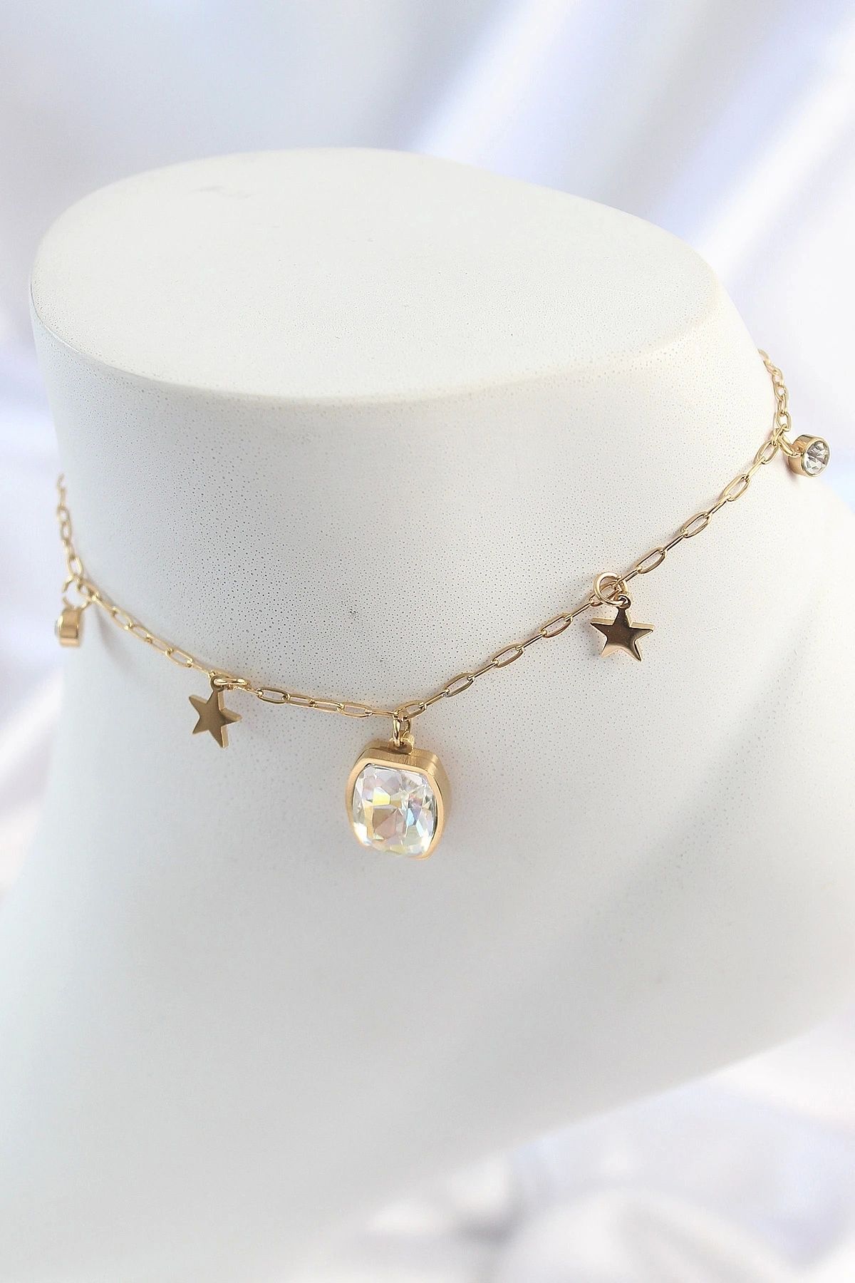 STOREMAX 316L Çelik Gold Renk Sallantı Kare Zirkon Taş Figür Yıldız Detay Kadın Halhal