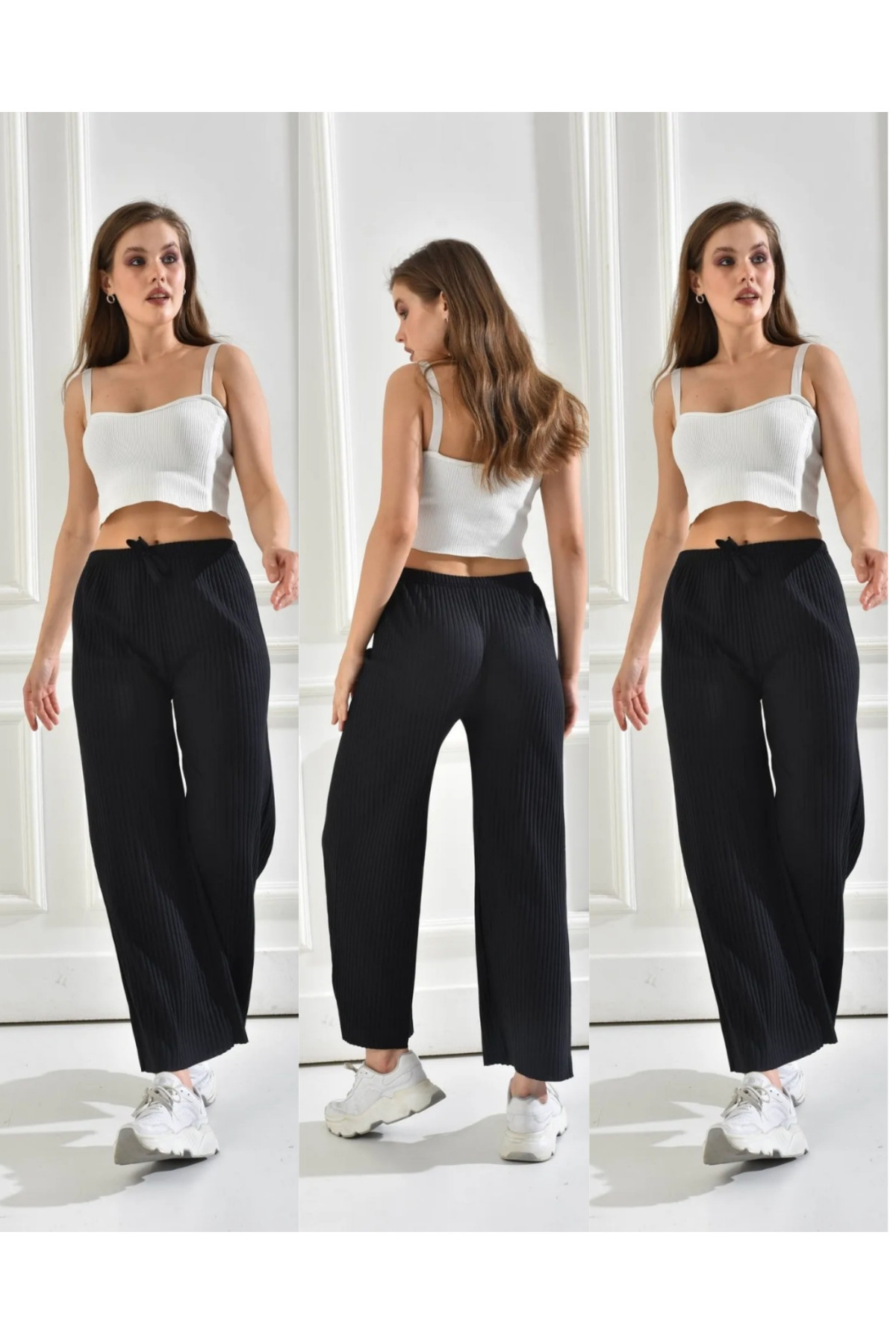 Melff 3'lü Siyah Kadın Fitilli Raporlu Pantolon & Eşofman, Gündelik Ev Giyim Pijama