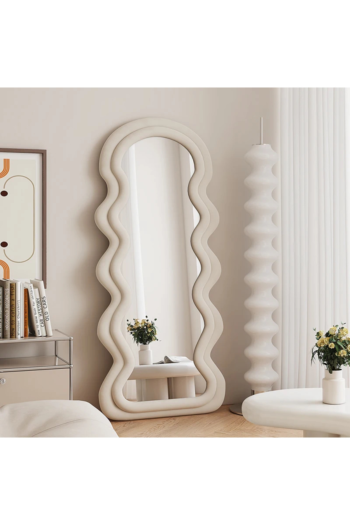 مرآة أرضية معدنية كاملة الطول بتصميم خشبي 160×60 سم، لون بيج