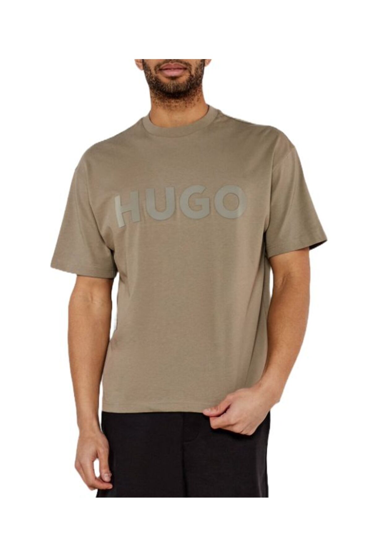 هوگو تی‌شرت مردانه سایز بزرگ نخی یقه گرد آستین کوتاه بژ با گلدوزی لوگوی بزرگ 50525765-219