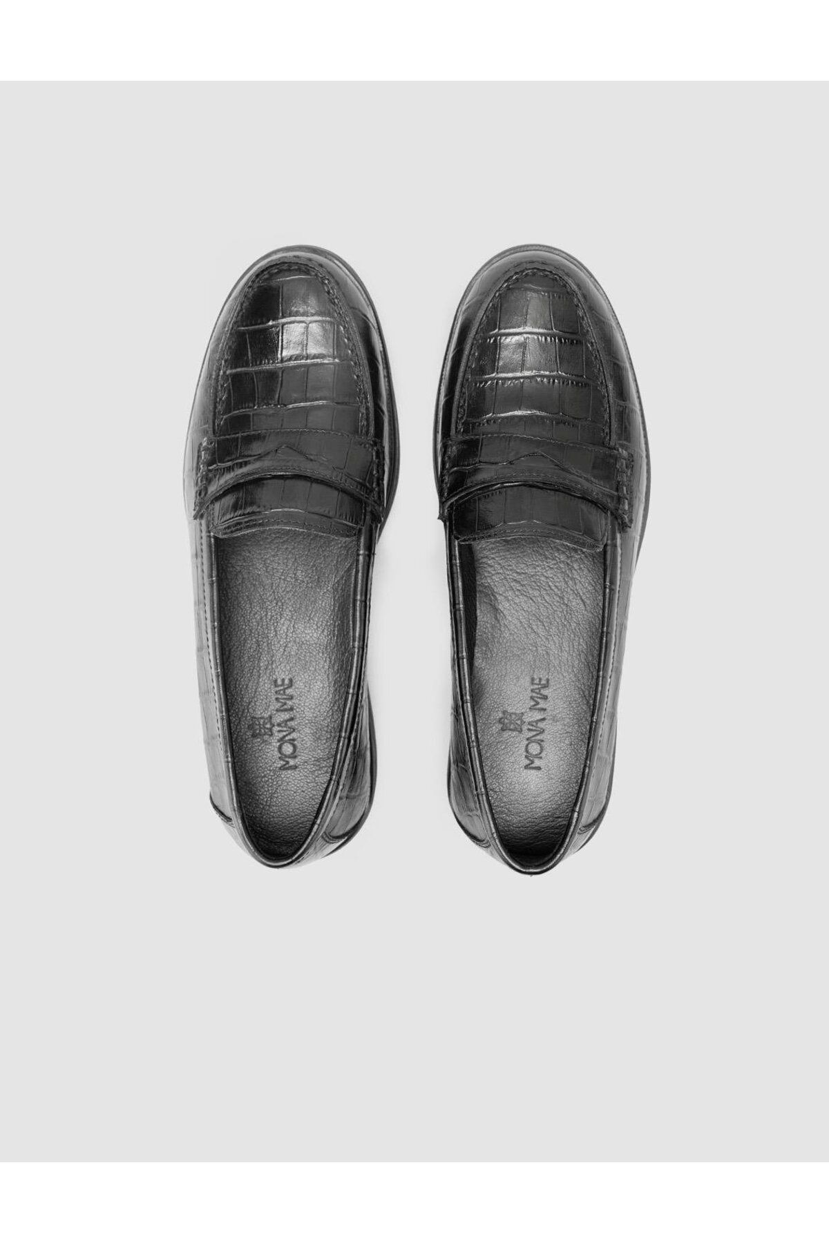 Cabani-100% Genuine Leather Black Croco Pattern Women's Loafer 4