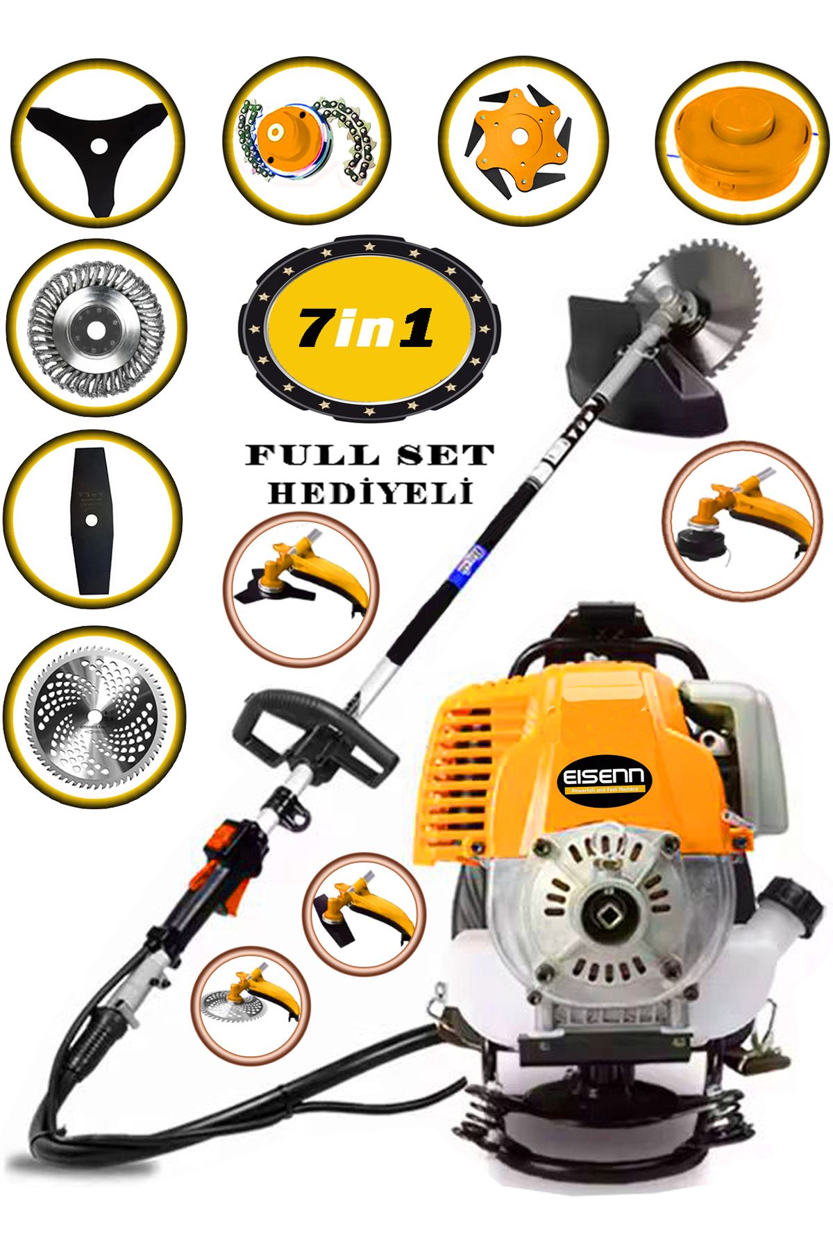 Eisenn Germany EX-553 7 İN 1 Sırt Tipi Benzinli Motorlu Ot Çalı Tırpanı Çim Biçme Makinesi Çelik Fırça